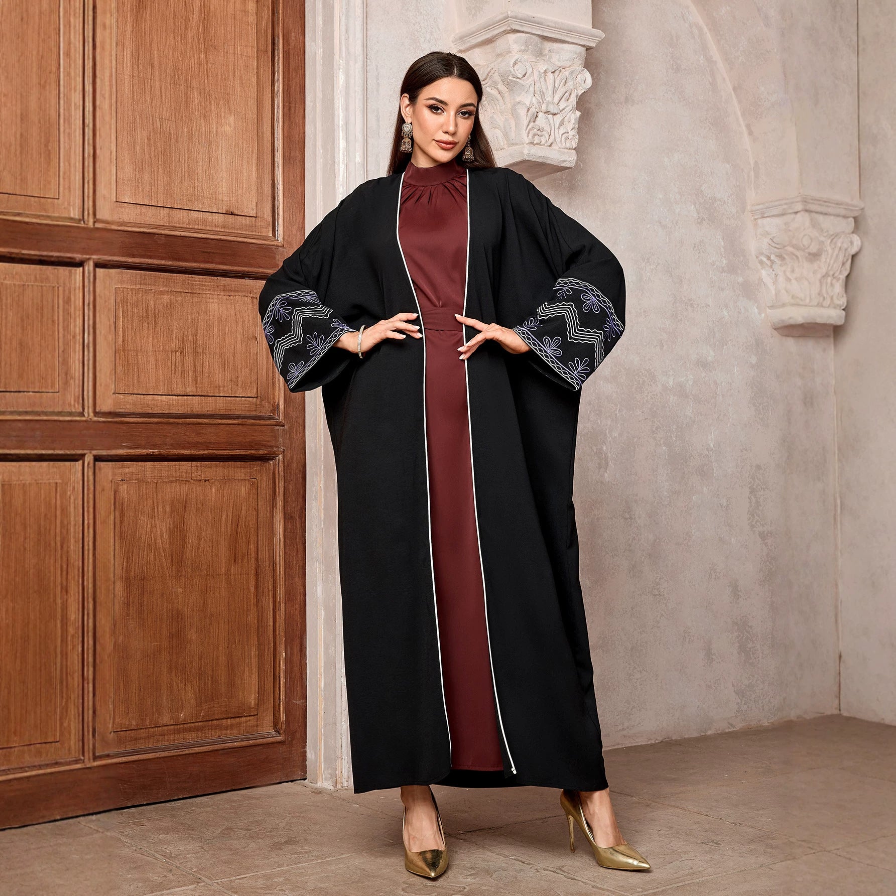 Vintage Embroidered Long Robe Abaya Cardigan Modest Maxi Dress Jalabiya for Muslim Women Eid Ramadan Prayer Wear One Size