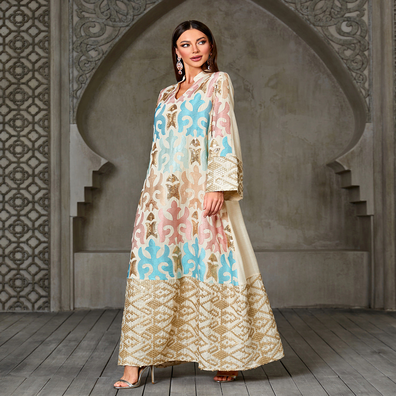 Apricot Sequin Embroidered Patchwork Beaded Long Jalabiya Modest Maxi Dress for Muslim Women Eid Ramadan Robe Gown with Lace Trim