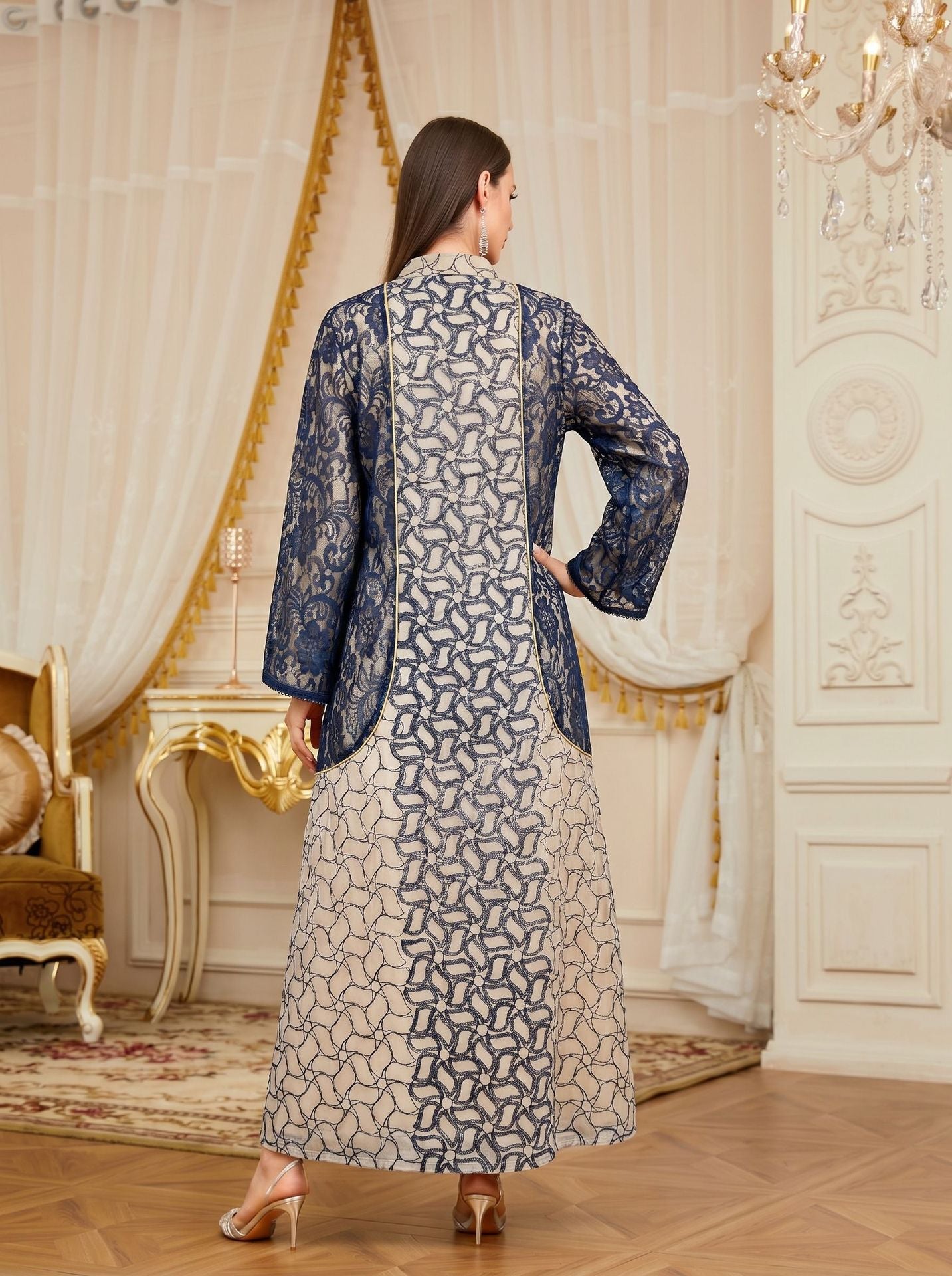 Contrast Lace Trim Sequin Embroidered Gown Jalabiya Modest Long Maxi Evening Dress for Muslim Women Eid Ramadan S-XXL