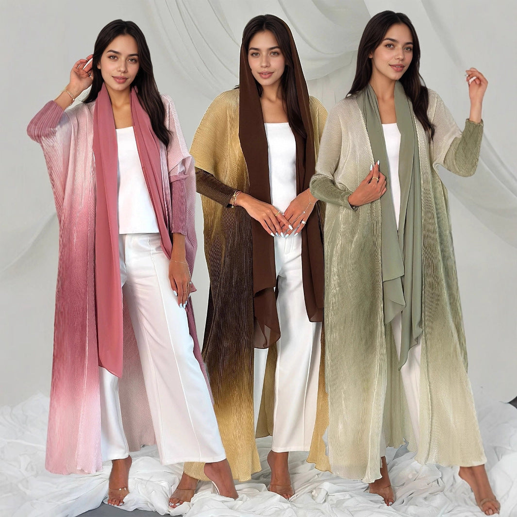 Gradient Print Pleated Open Front Abaya Cardigan Modest Long Maxi Dress for Muslim Women Eid Ramadan Casual S-XXL