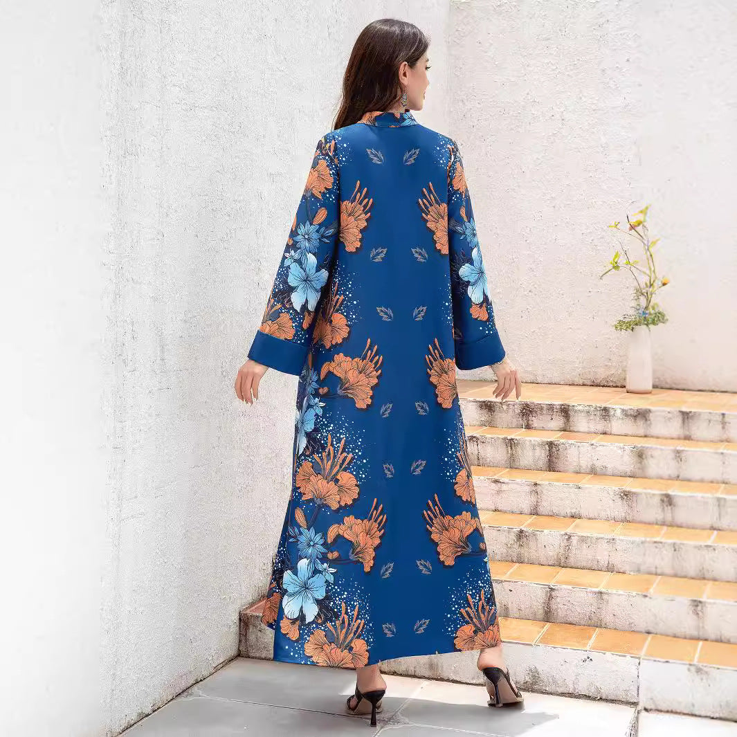 Navy Floral Print Pearl Belt Maxi Abaya Dress - Plus Size Modest