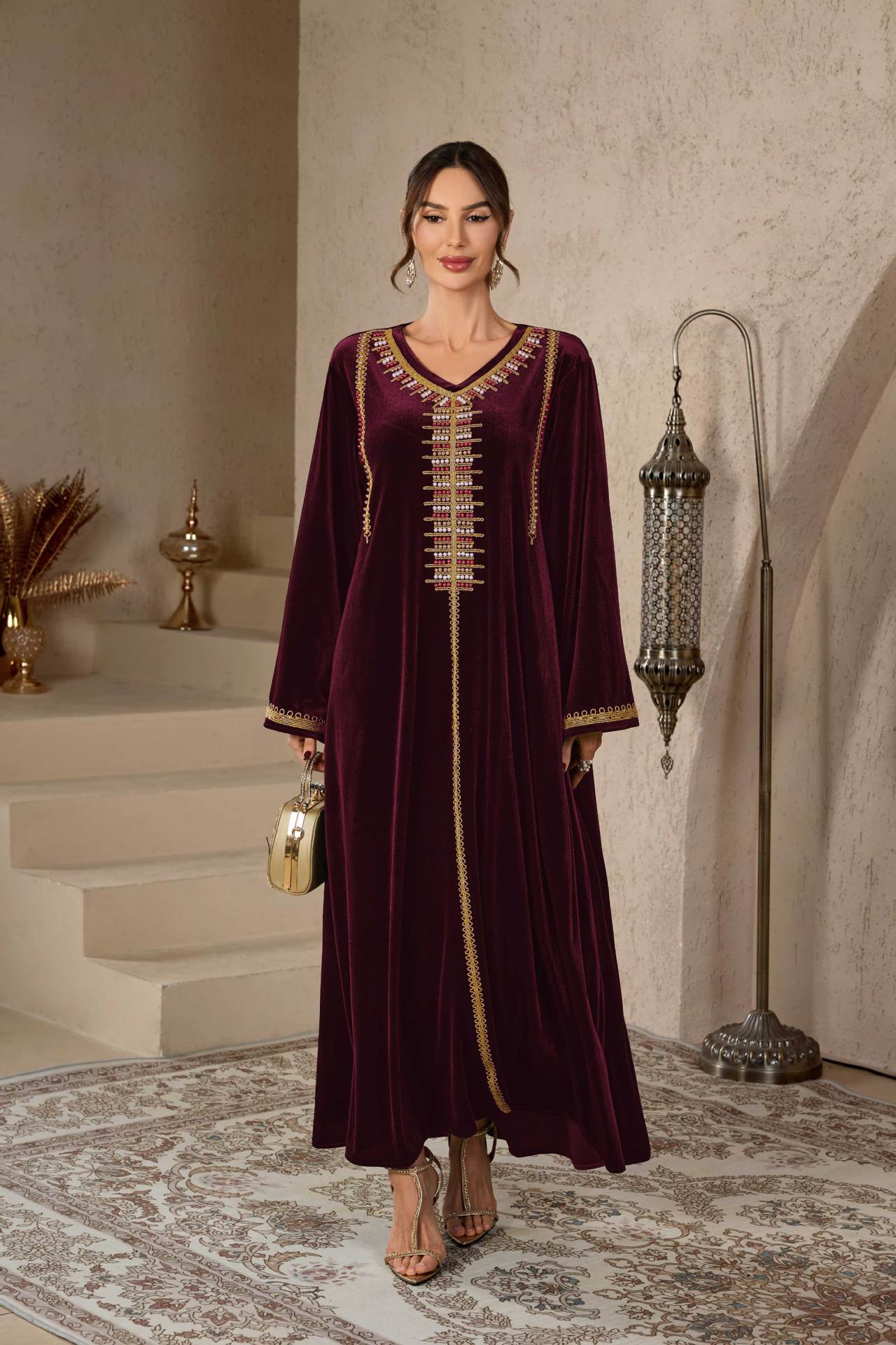 V-Neck Floral Embroidered Kaftan Dress Jalabiya Modest Long Maxi Dress for Muslim Women Eid Ramadan Formal Party S-XXL