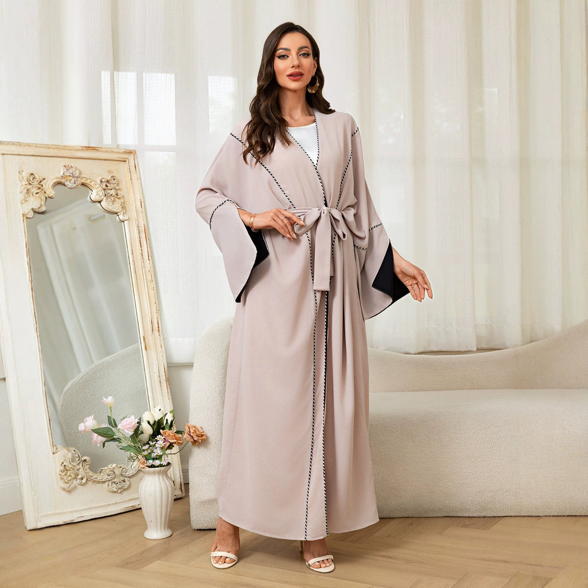 Apricot Open Front Slit Sleeve Cardigan Long Robe with Belt One Size Modest Maxi Dress Muslim Abaya