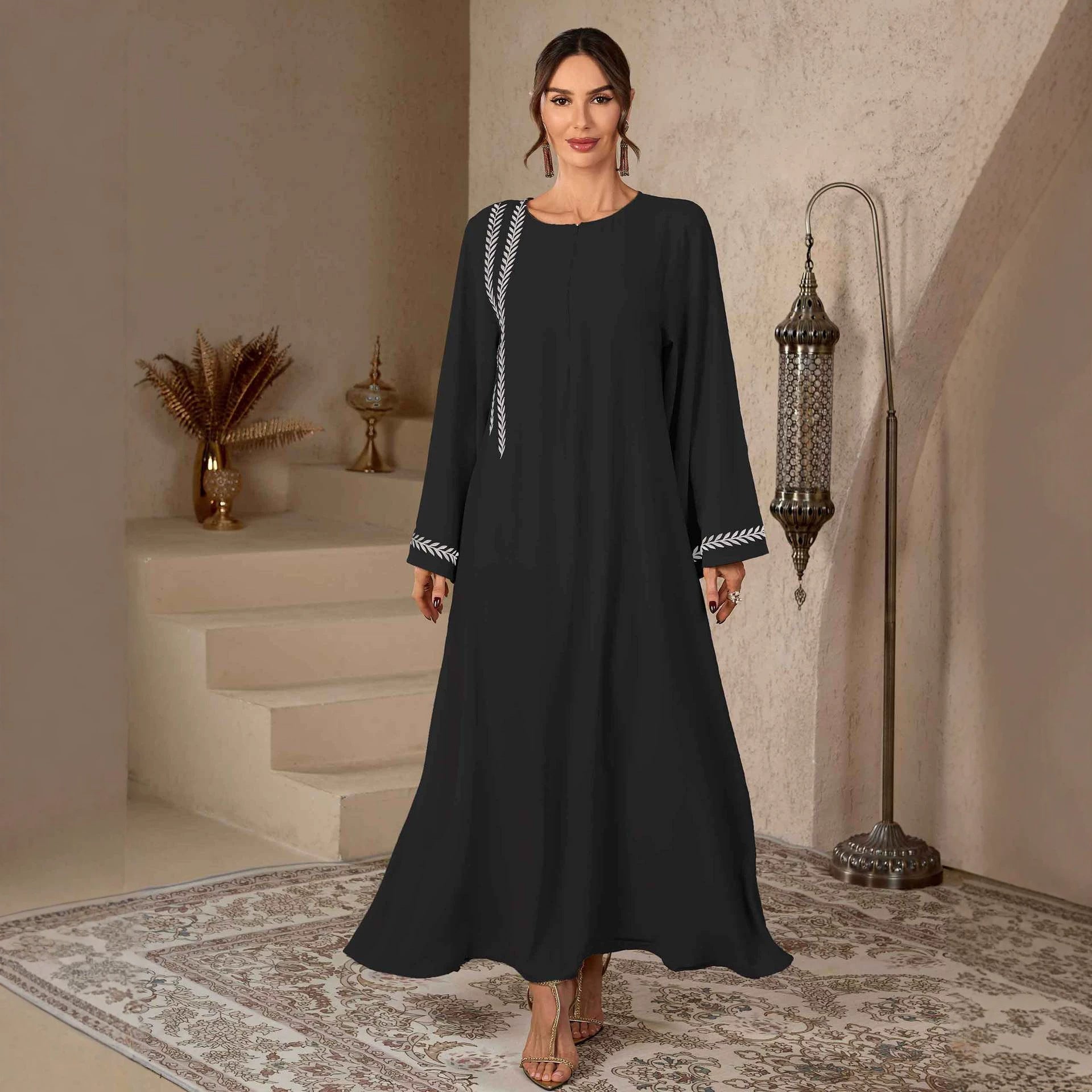 Apricot and Black Embroidered Open Cardigan Maxi Abaya Dress Jalabiya Modest Long Dress for Eid Ramadan Festive Celebration S-XXL
