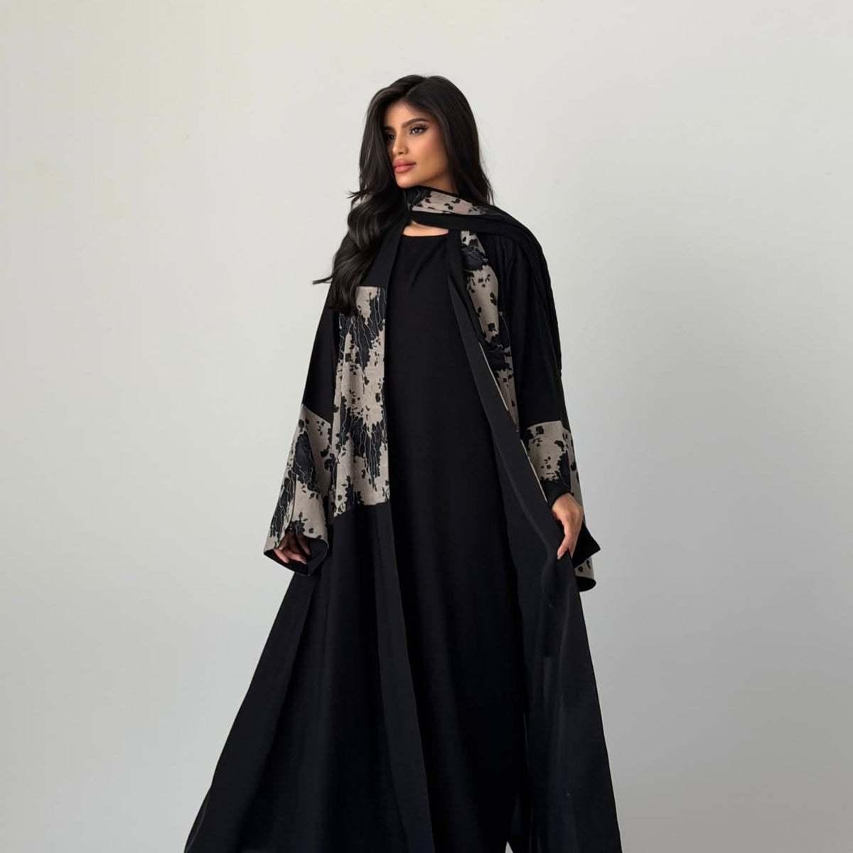 Black Lace Patchwork Open Outerwear Maxi Dress with Hijab Two-Piece Set Jalabiya Modest Long Dress for Eid Ramadan Festive Celebration S-XXL