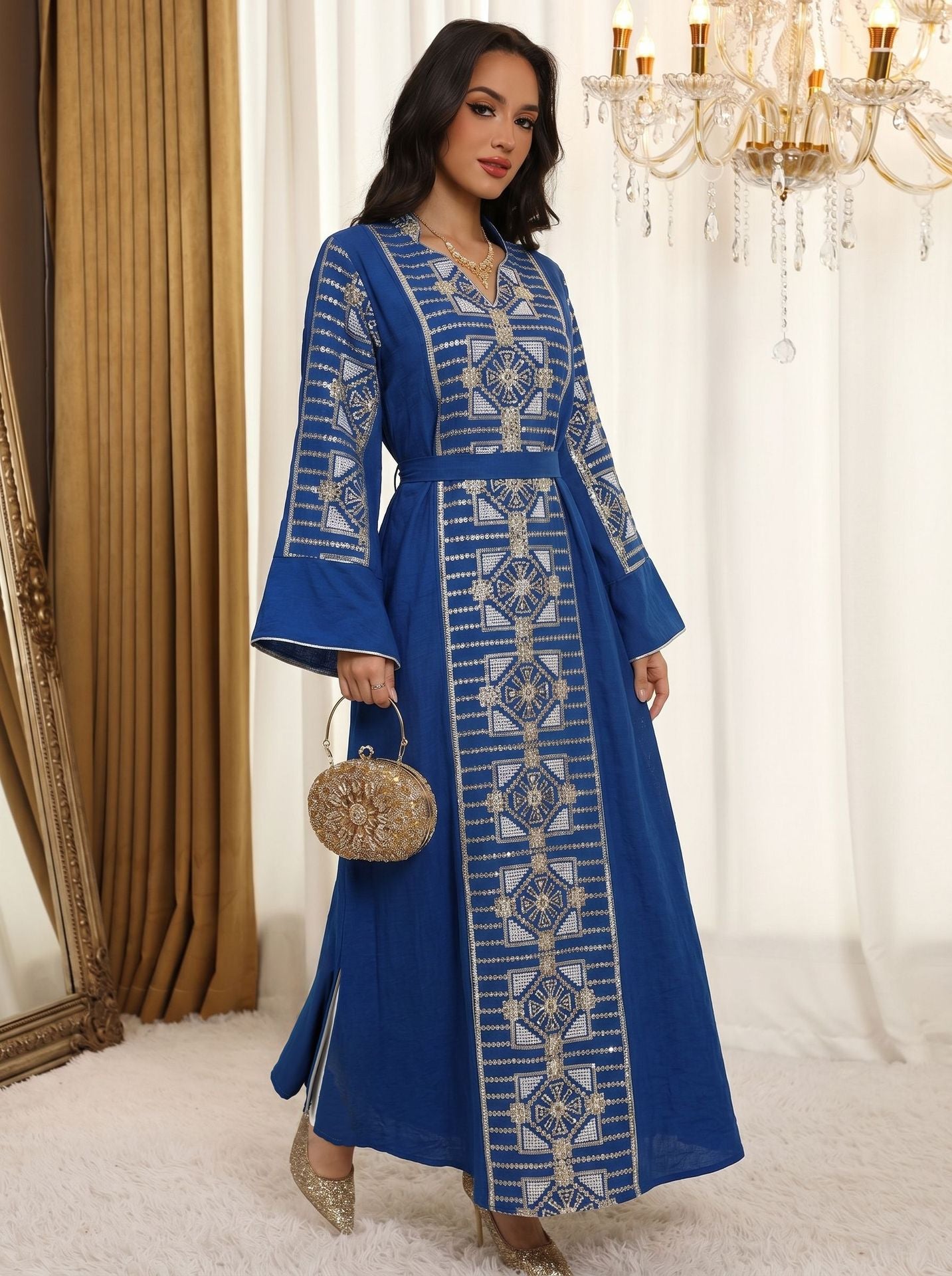 Gold Thread Sequin Embroidered Luxury Gown Jalabiya Modest Long Maxi Evening Dress for Muslim Women Eid Ramadan S-XXL