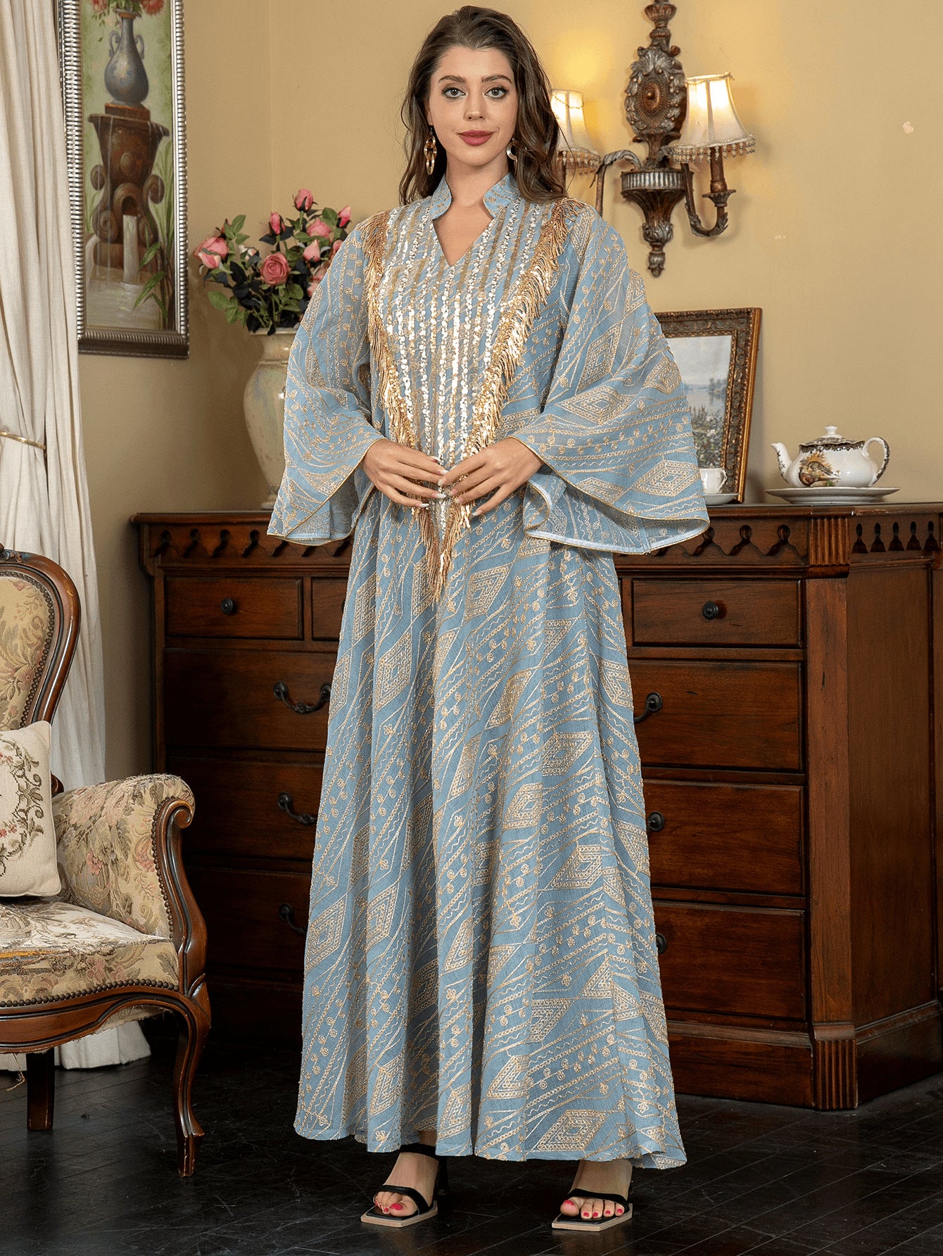 Gold Tassel Sequin Geometric Print Abaya For Women Stand Collar Bell Wide Sleeve Dubai Luxury Mesh Muslim Kaftan Modest Maxi Dress For Eid Ramadan Wedding Evening Party