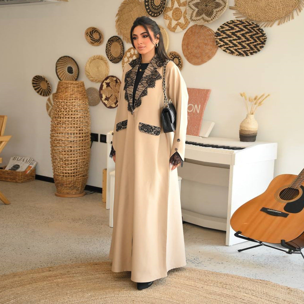 Apricot Lace Trim Open Front Long Sleeve Maxi Abaya Cardigan - Plus Size