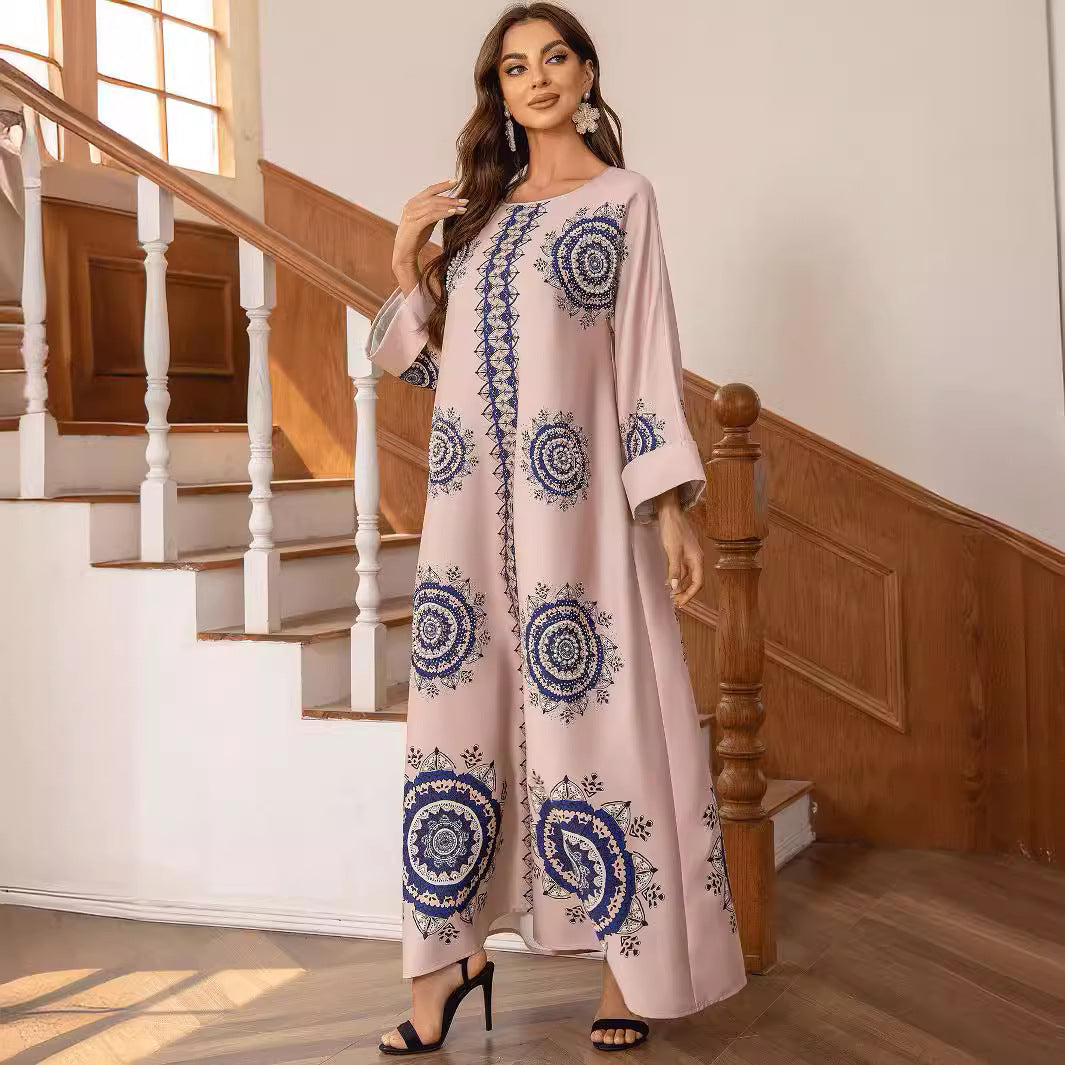 Pink Bohemian Beaded Abaya - Printed Round Neck Modest Long Robe