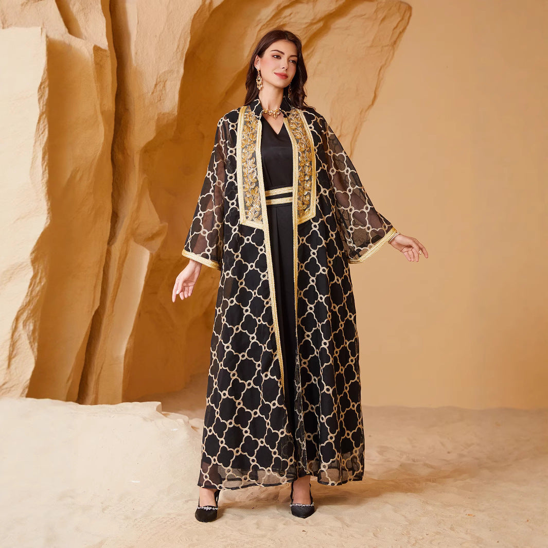 Women 2 Piece Black Gold Geometric Lattice Jacquard Sheer Lapel Collar Gold Floral Embroidery Open Kimono Outer Robe Belted Solid Black Inner Maxi Dress Gulf Luxury Layering Dubai Abaya Set For Eid Al Fitr Ramadan Nikkah Wedding Banquet