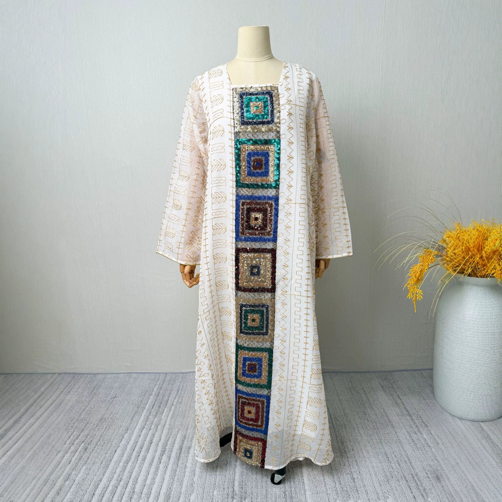 Sequin Applique Embroidered Kaftan Dress Jalabiya Modest Long Maxi Dress for Eid Ramadan Festive Celebration S-XXL