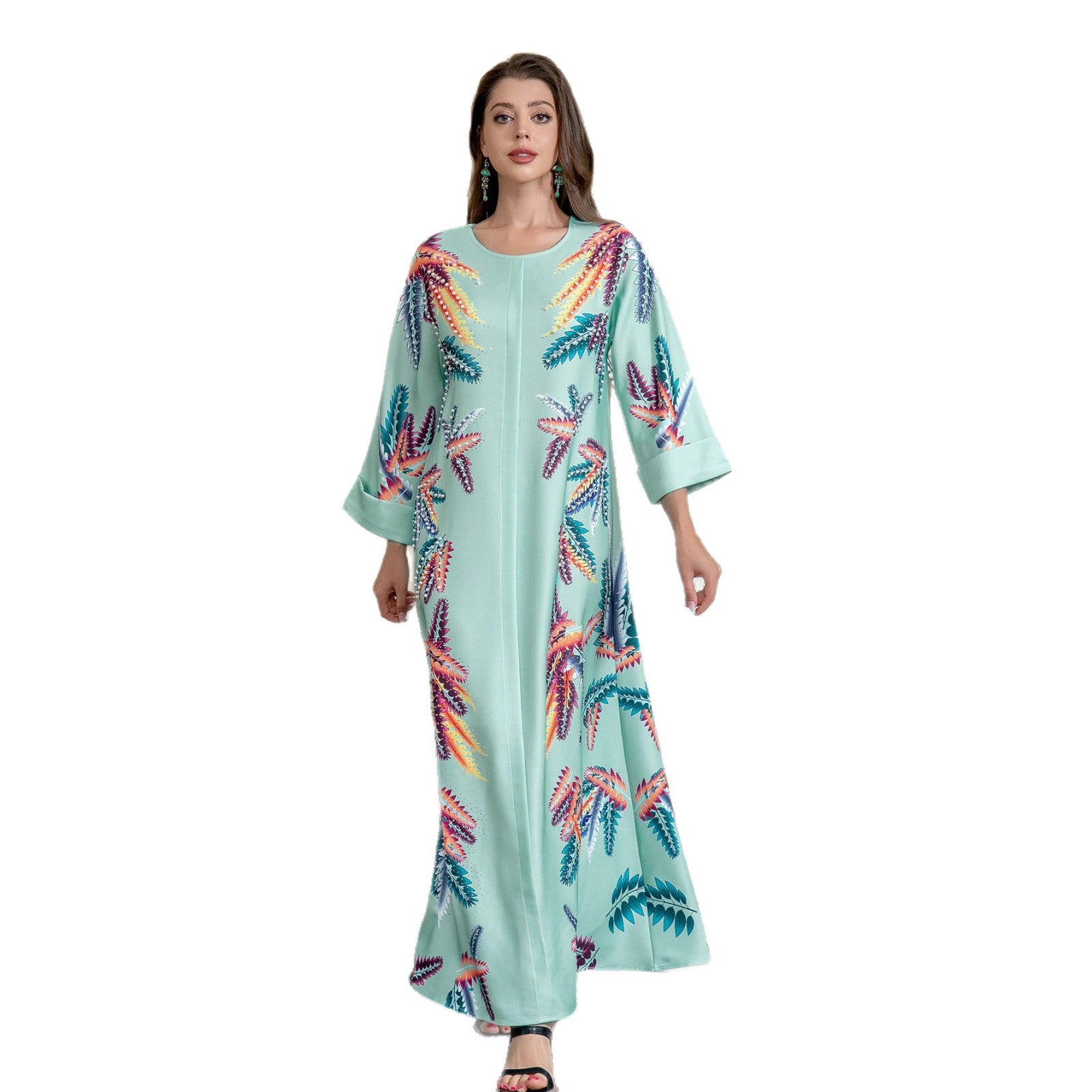 Light Green Ethnic Print Beaded Abaya Gown - Modest Dress