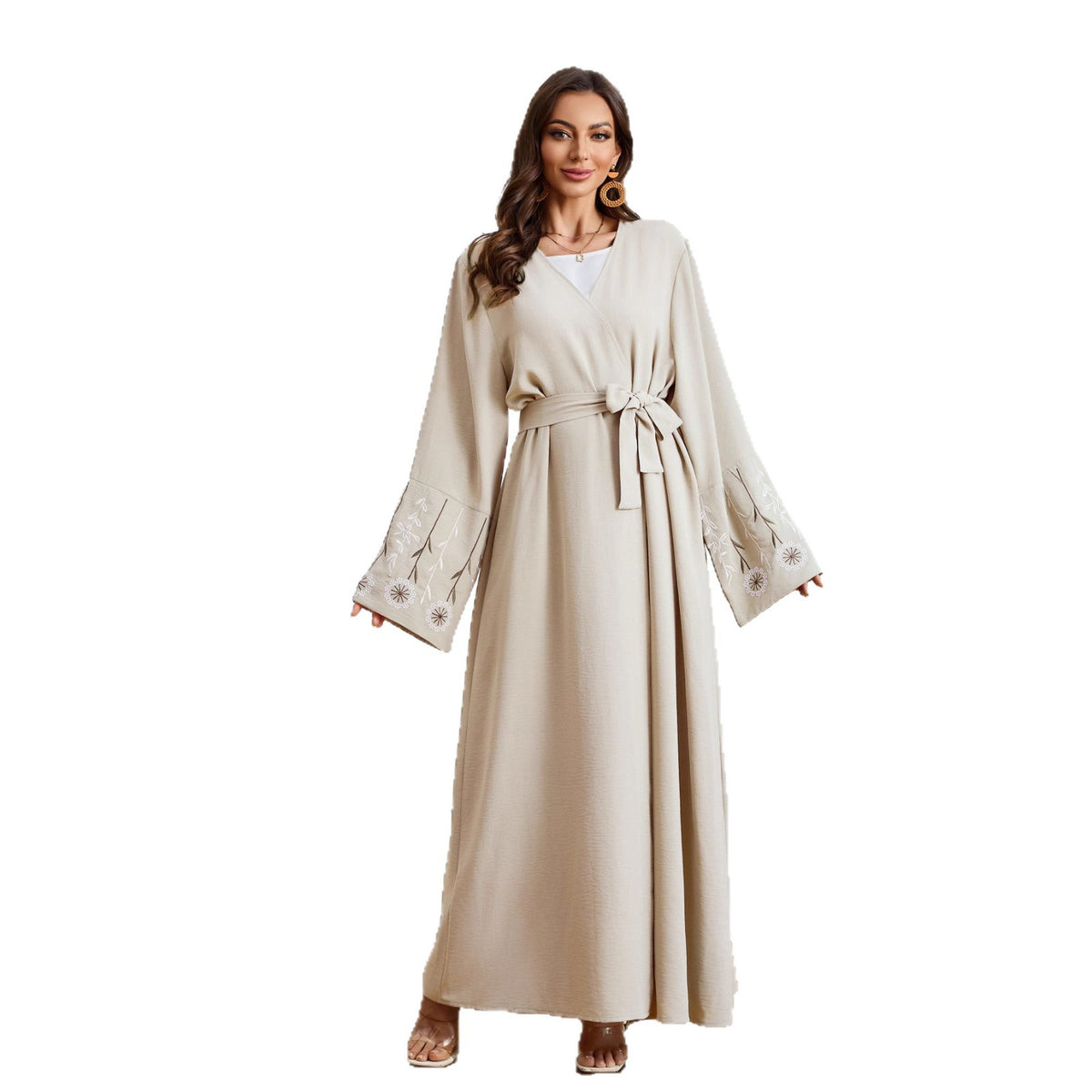 Elegant Floral Embroidered Sleeve Open Front Abaya Cardigan with Tie Belt Modest Long Maxi Robe for Muslim Women Eid Ramadan