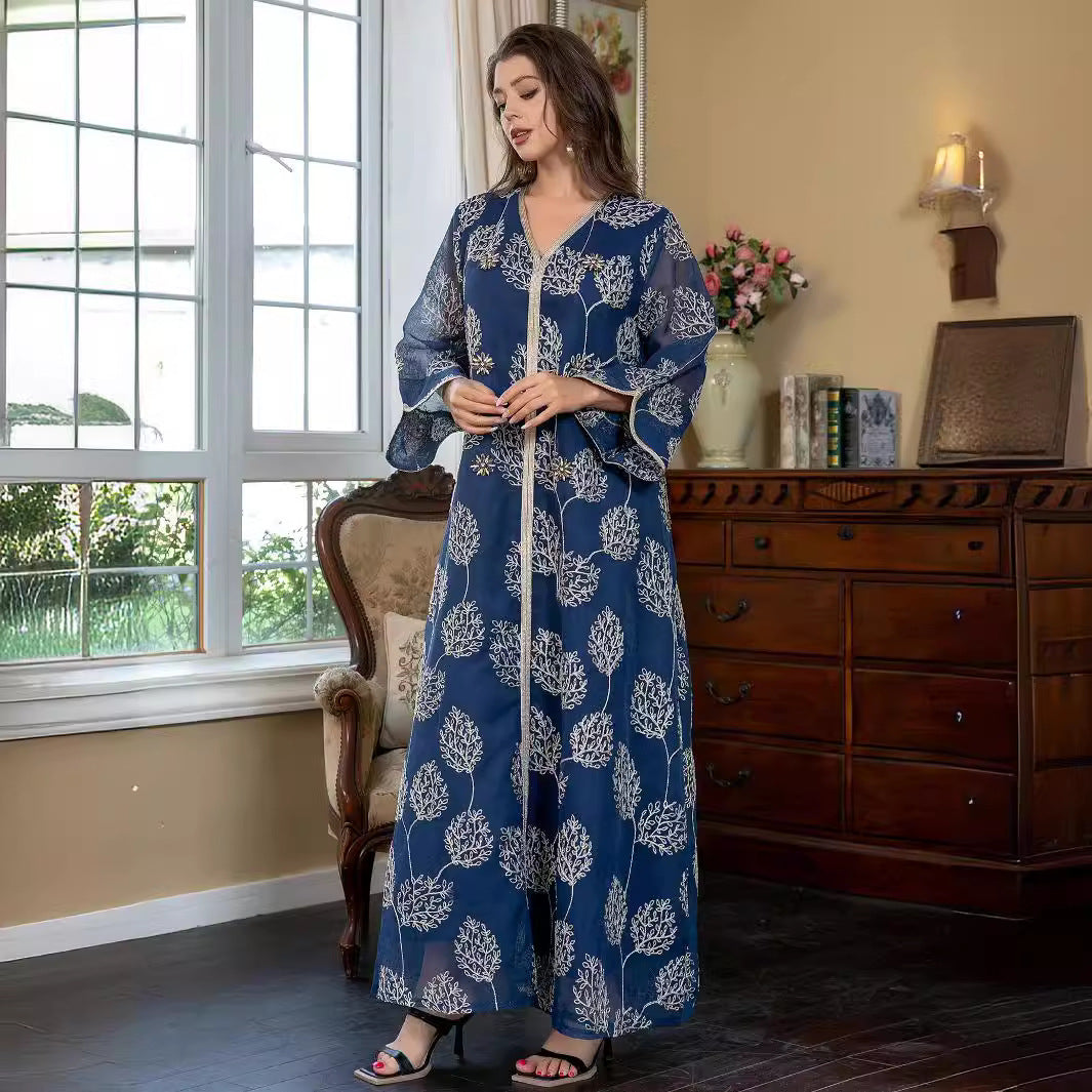 Pan-Arab Retro Botanical Modest Open Robe Light Sheer Navy Fabric Hand-Stitched Leaf Motifs Wide Flared Sleeves Unfitted Floor Silhouette