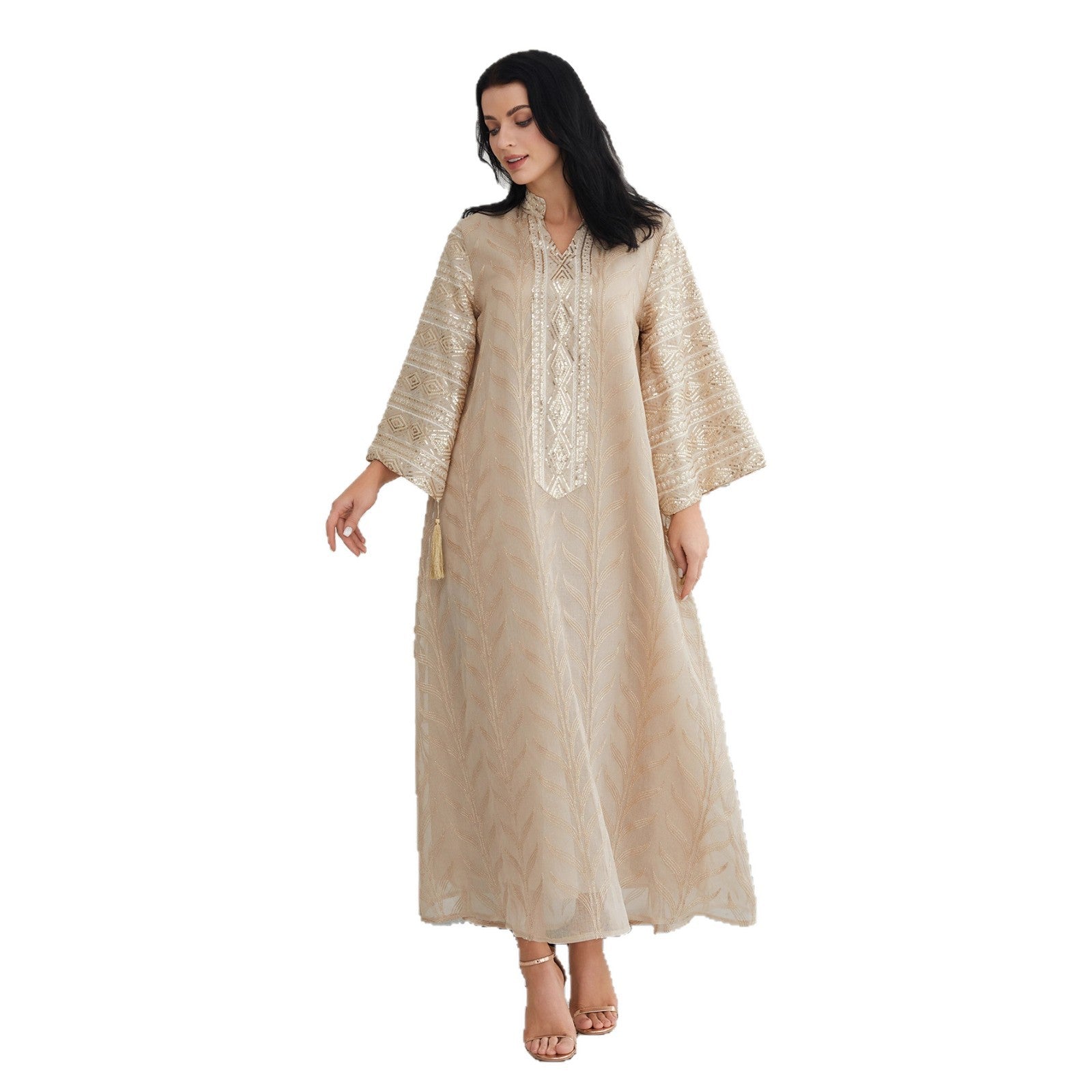 Stunning Apricot Beaded Sequin Evening Abaya Maxi Robe Eid Ramadan