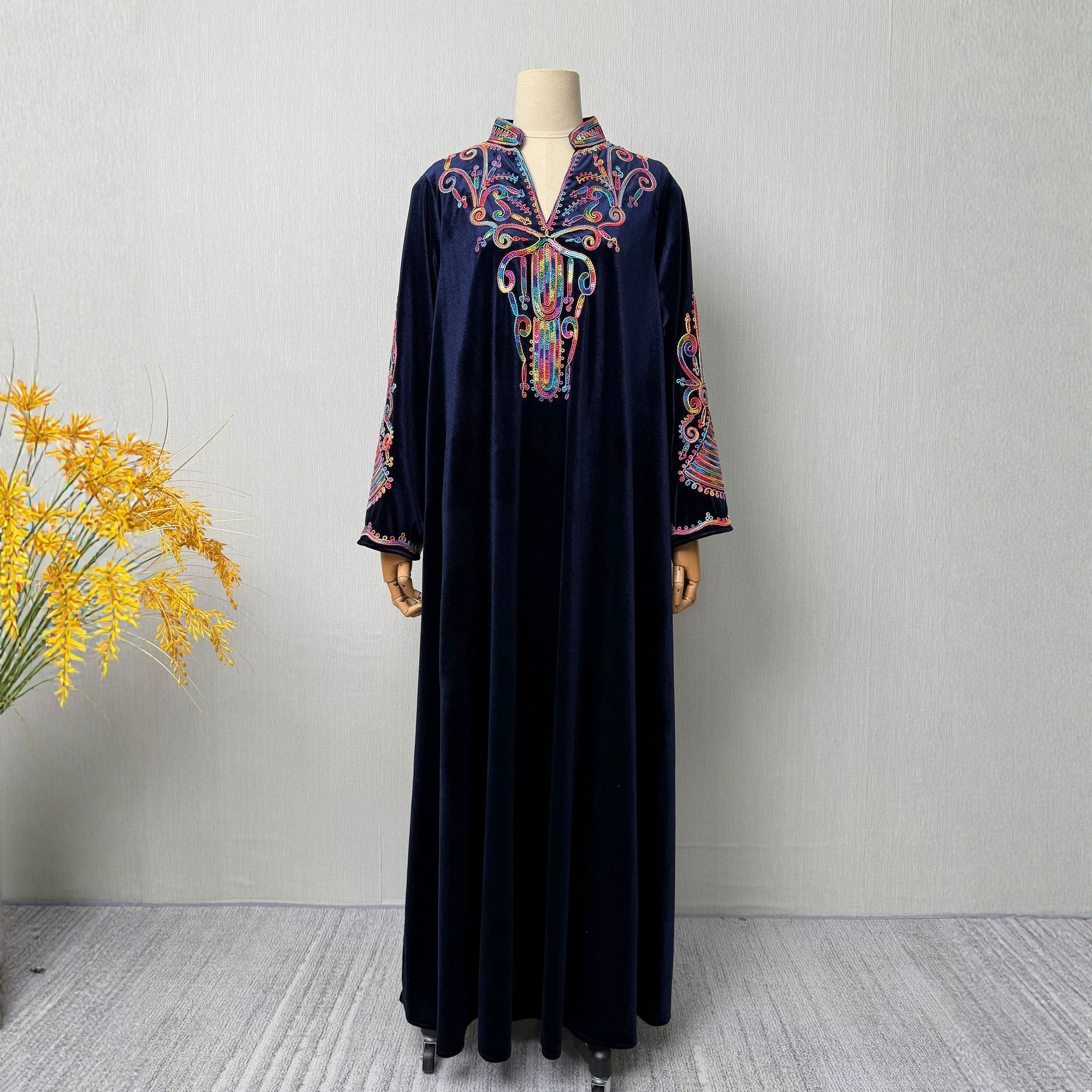 Two Color Embroidered Rhinestone Applique Stand Collar Maxi Dress