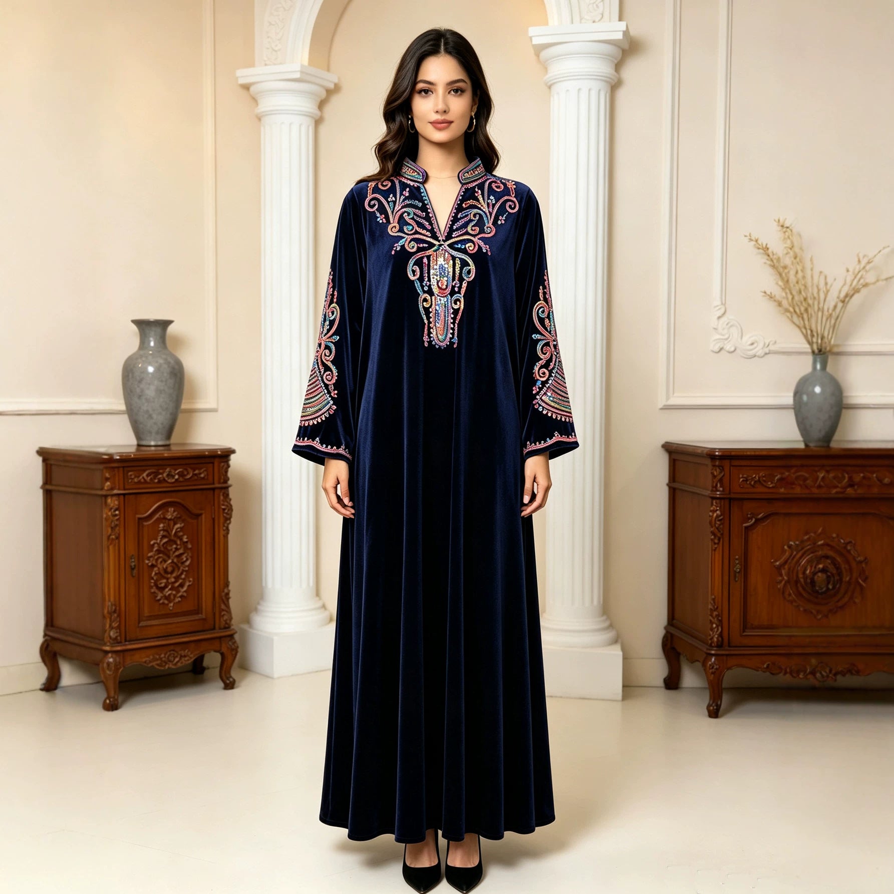 Navy and Wine Red Rhinestone Applique Stand Collar Maxi Abaya Dress Jalabiya Modest Long Dress for Muslim Women Eid Ramadan Formal S-XXL