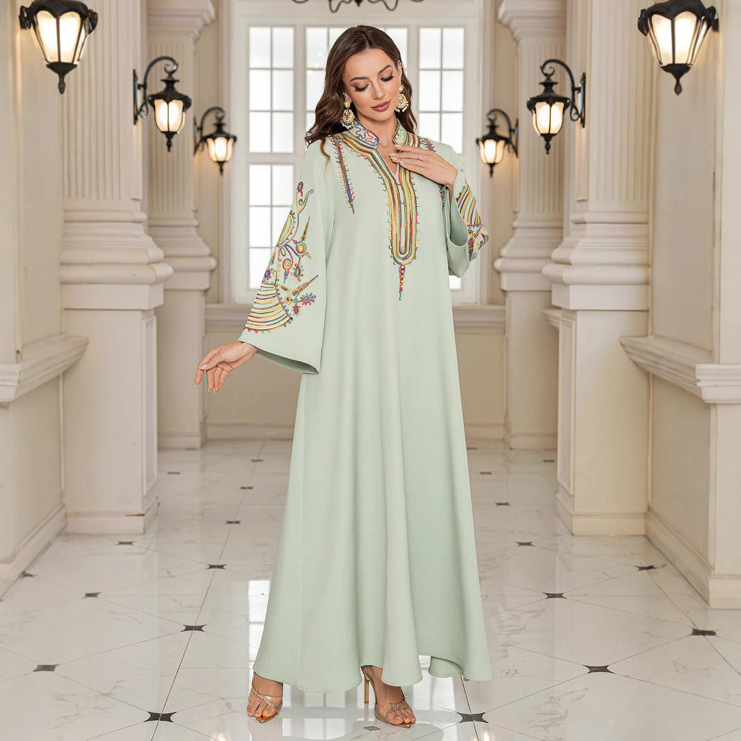 Dubai Islamic Modest Abaya Light Green V Neck Vibrant Multicolor Embroidery Wide Bell Sleeve Oversized Kaftan Gown For Muslim Ladies Holiday Party