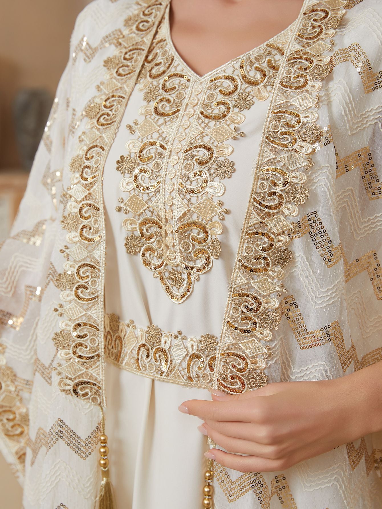 Cream & Lavender Two Piece Abaya Set Handcrafted Gold Embroidery Moroccan Evening Kaftan