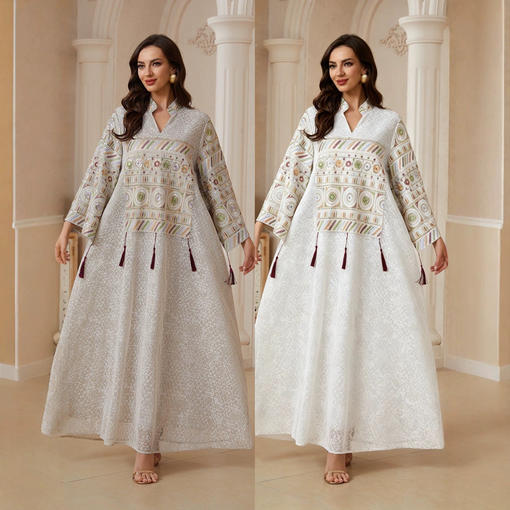 Women Off White Crack Textured Jacquard Heritage Geometric Embroidery Luxury Beaded Tassel Split Stand Collar Flare Sleeve Moroccan Caftan Loose Full Length Gulf Modest Maxi Robe For Eid Al Fitr Nikkah Wedding
