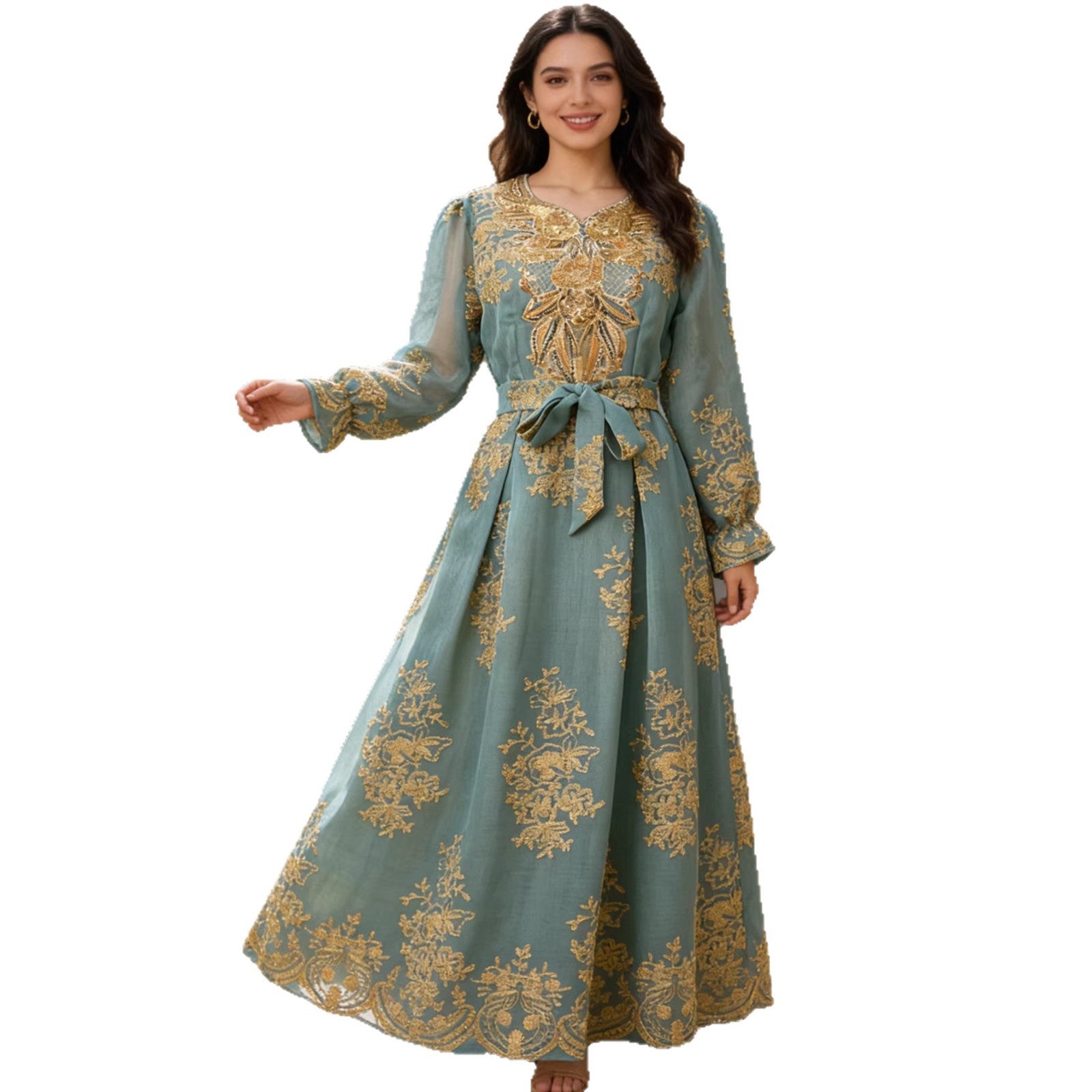 Green and Sky Blue Wedding Embroidered V-Neck Belted Maxi Dress Jalabiya Modest Long Dress for Muslim Women Eid Ramadan Formal Party S-XXL