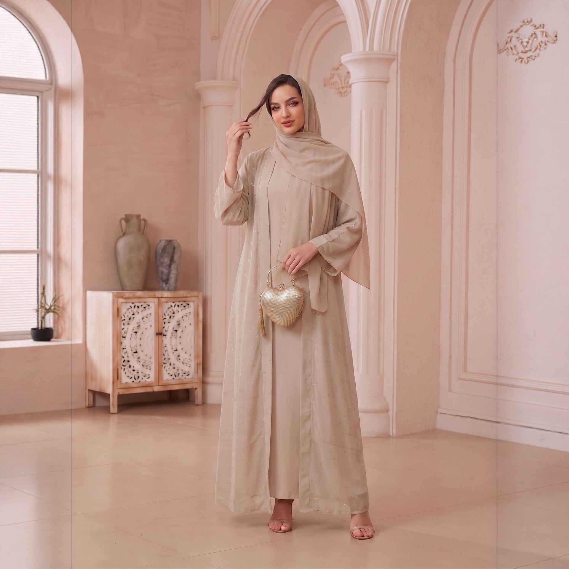 Apricot Black V-Neck Beaded Open Abaya with Hijab Set