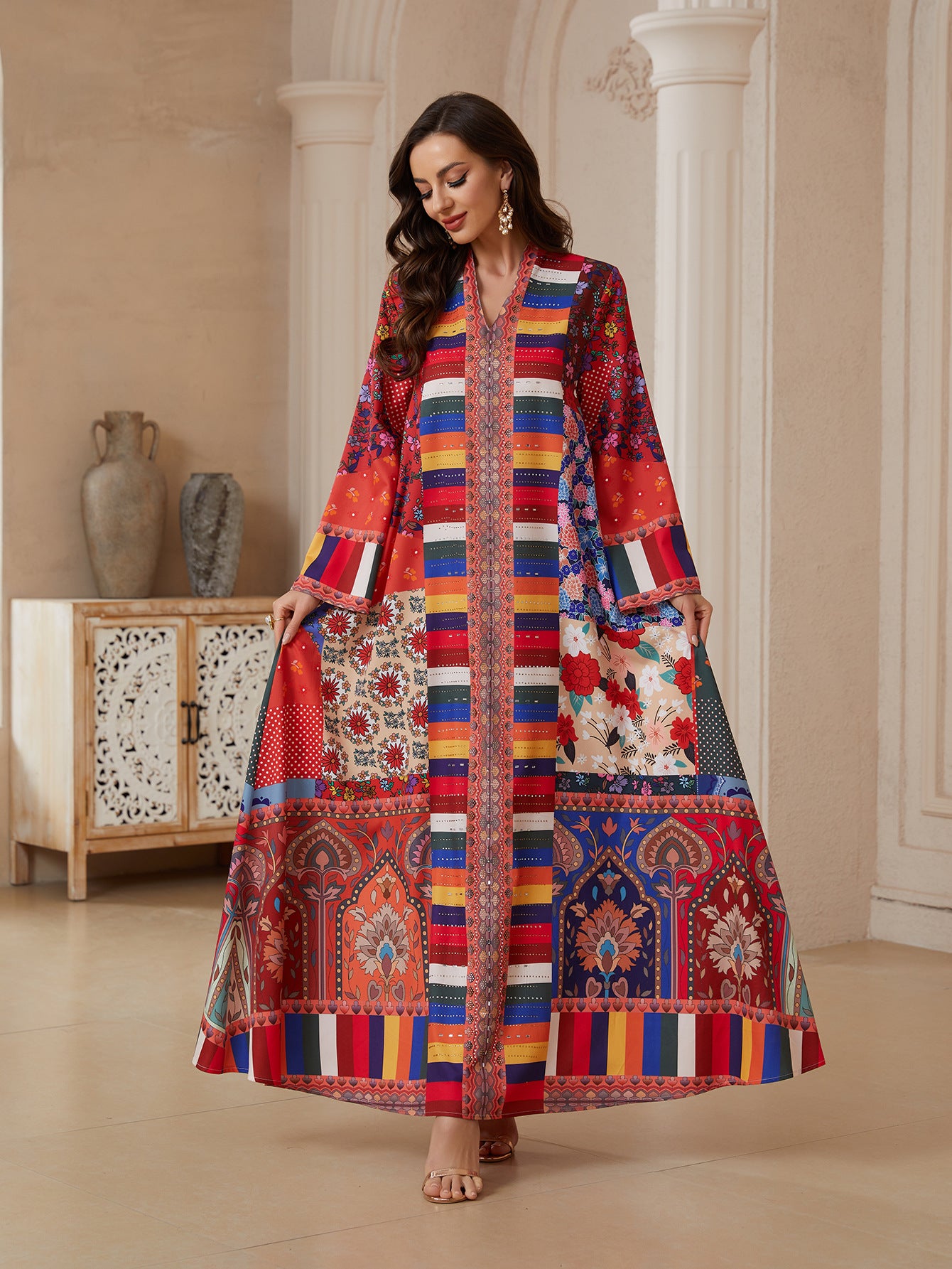 Red Printed Rhinestone Jalabiya - Ethnic Pullover Modest Dress