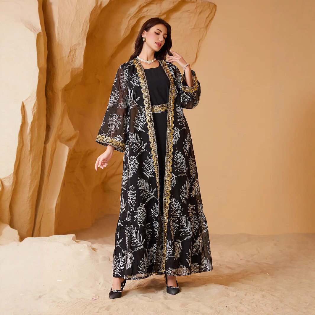 Women 2 Piece Black White Palm Leaf Print Sheer Chiffon Open Kimono Robe Luxury Gold Lace Border Embroidery Cuff Matching Belt Solid Black Inner Maxi Dress Gulf Layering Dubai Abaya Set For Eid Al Fitr Ramadan Nikkah Wedding Banquet