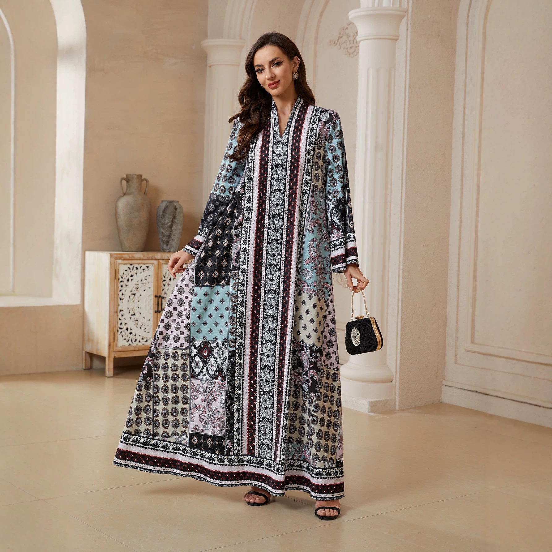 Floral V-Neck Long Sleeve Abaya - Modest Muslim Dress Ramadan Eid