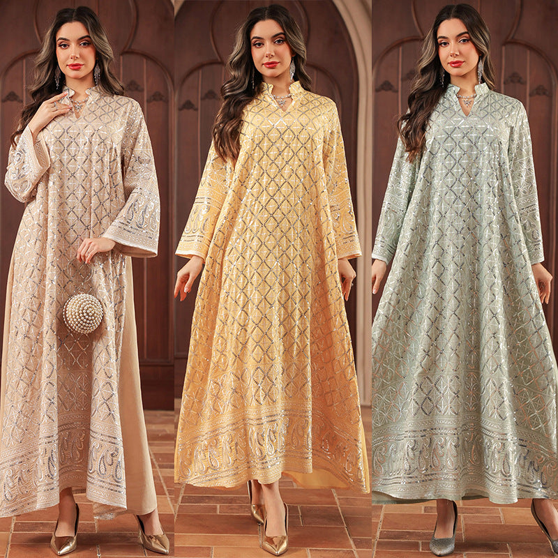 3 Colors Sequin Diamond Embroidery Abaya Women Stand Collar V Notch Flare Sleeve Maxi Kaftan Luxury Modest Long Dress For Eid Ramadan Wedding Party