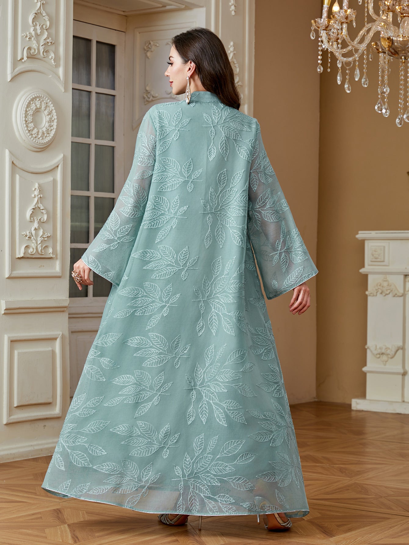 3 Colors Leaf Jacquard Hand Beaded Abaya Women Stand Collar V Notch Flare Sleeve Maxi Jalabiya Luxury Embellished Kaftan Lightweight Modest Gown For Eid Mubarak Ramadan Wedding Evening Party