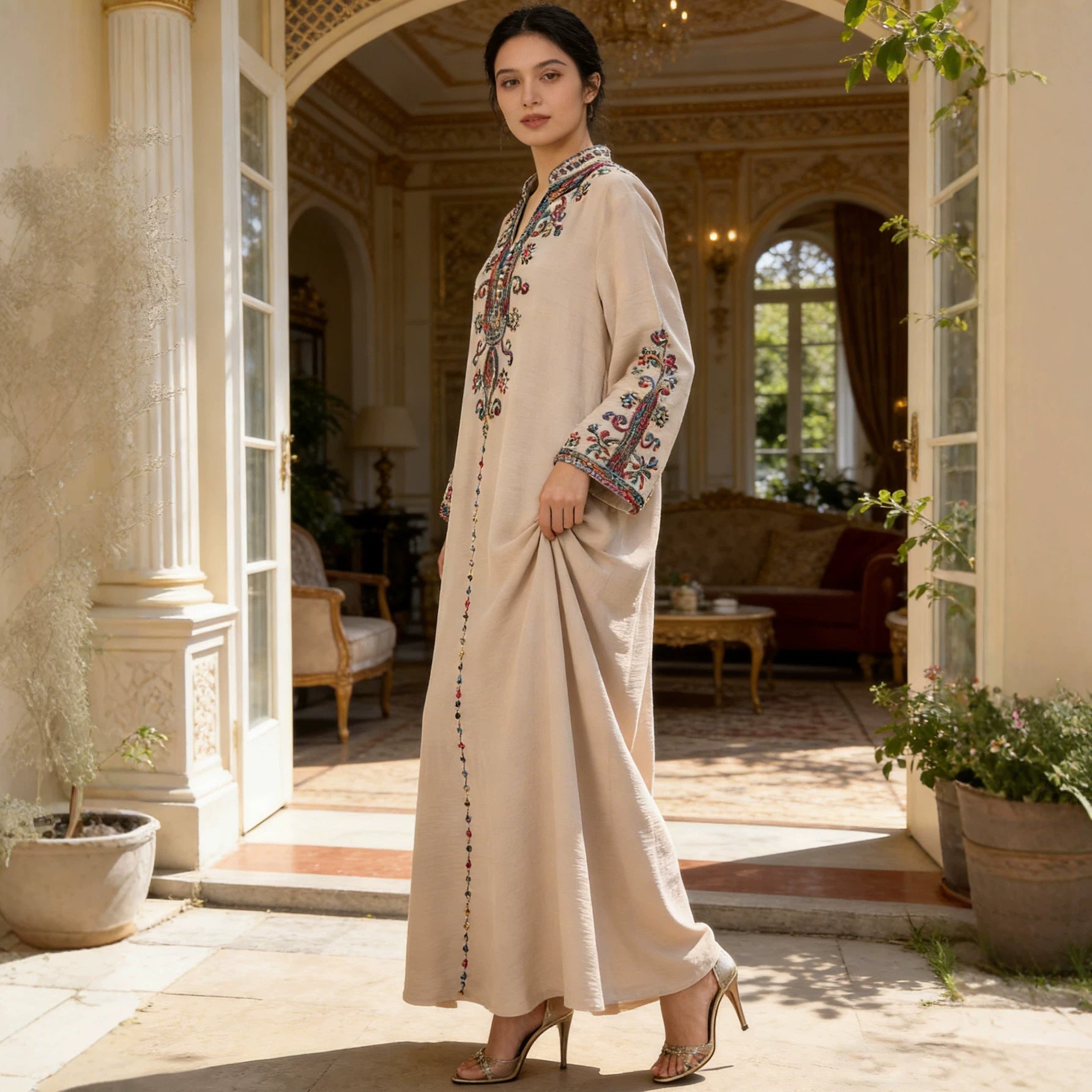 Stand Collar Heavy Embroidered Modest Abaya Jalabiya Long Maxi Dress for Muslim Women Ramadan Prayer Casual Wear S-XXL