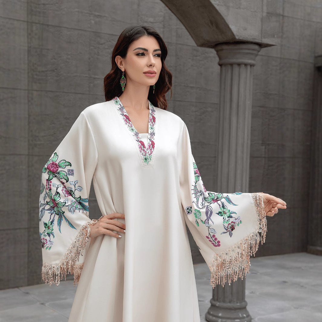 Graceful Apricot V-Neck Kaftan – Muslim Embroidered Long Dress
