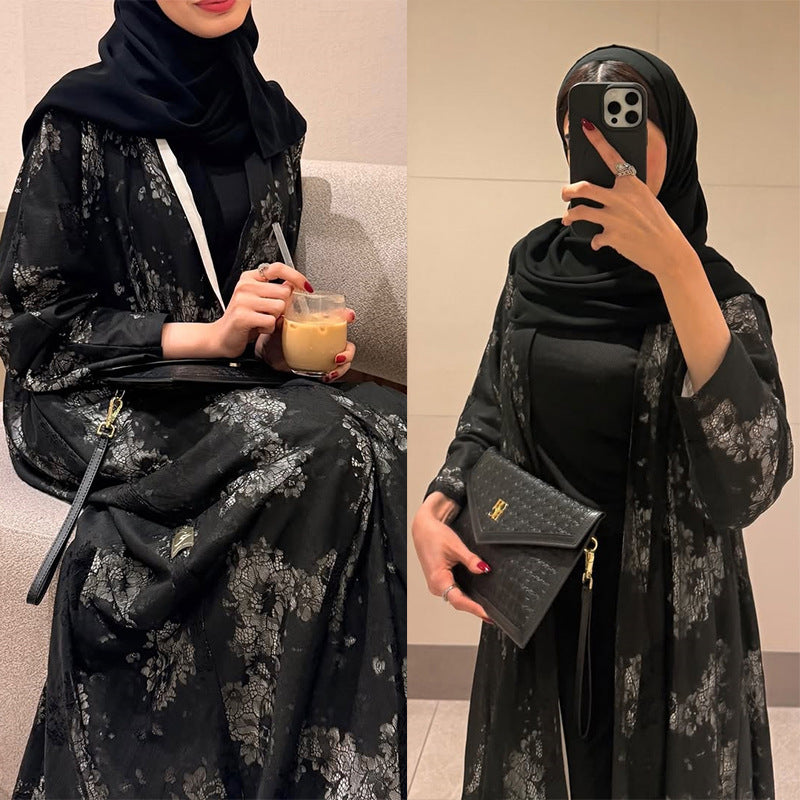 Black Lace Patchwork Lined Long Maxi Abaya - Modest Open Outerwear
