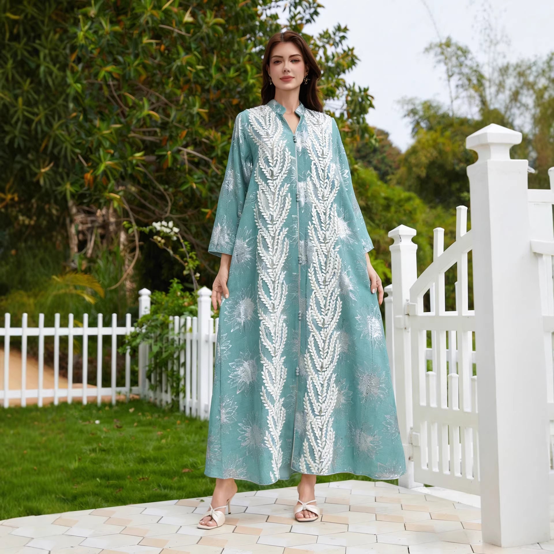 Arabian Gulf Premium Studio Designer Modest Attire Solid Soft Apricot Lightweight Sheer Organza All Over Muted Antique Botanical Motif Mini Stand Neck Handcrafted Oversized 3D Gold Cream Sequin Front Appliqué Loose Flowy Long Sleeves Unfitted Full Le