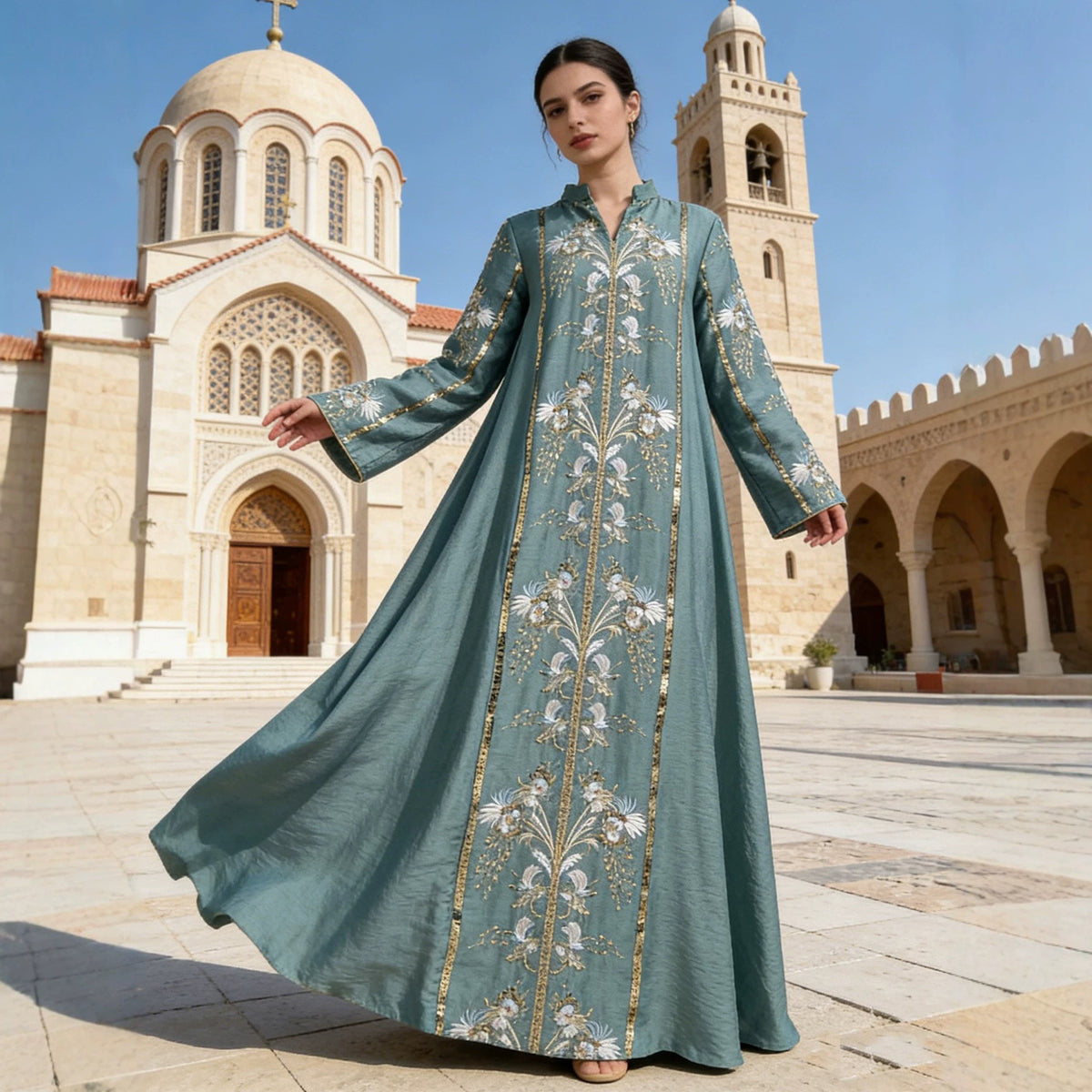 Vintage V-Neck Floral Embroidered Rayon Abaya Maxi Kaftan Dress for Muslim Women Elegant Ramadan Eid Celebration Gown - 251