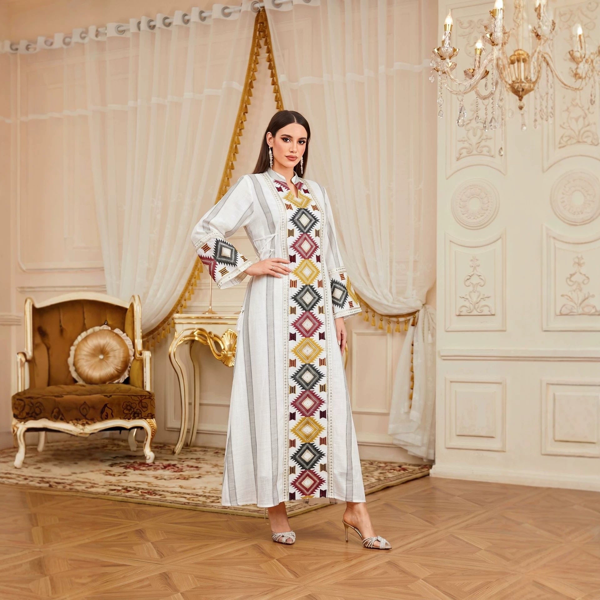 Embroidered Striped Patchwork Belted Gown Jalabiya Modest Slimming Long Maxi Dress for Muslim Women Eid Ramadan S-XXL
