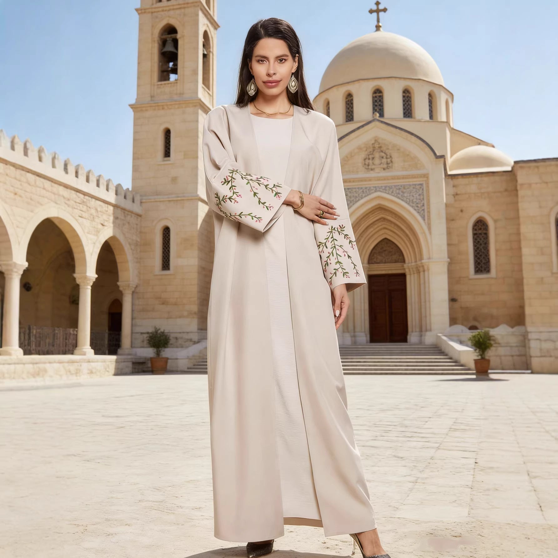 Light Blue and Beige Embroidered Open Cardigan Maxi Abaya Dress Jalabiya Modest Long Dress for Muslim Women Eid Ramadan Daily Wear S-XXL