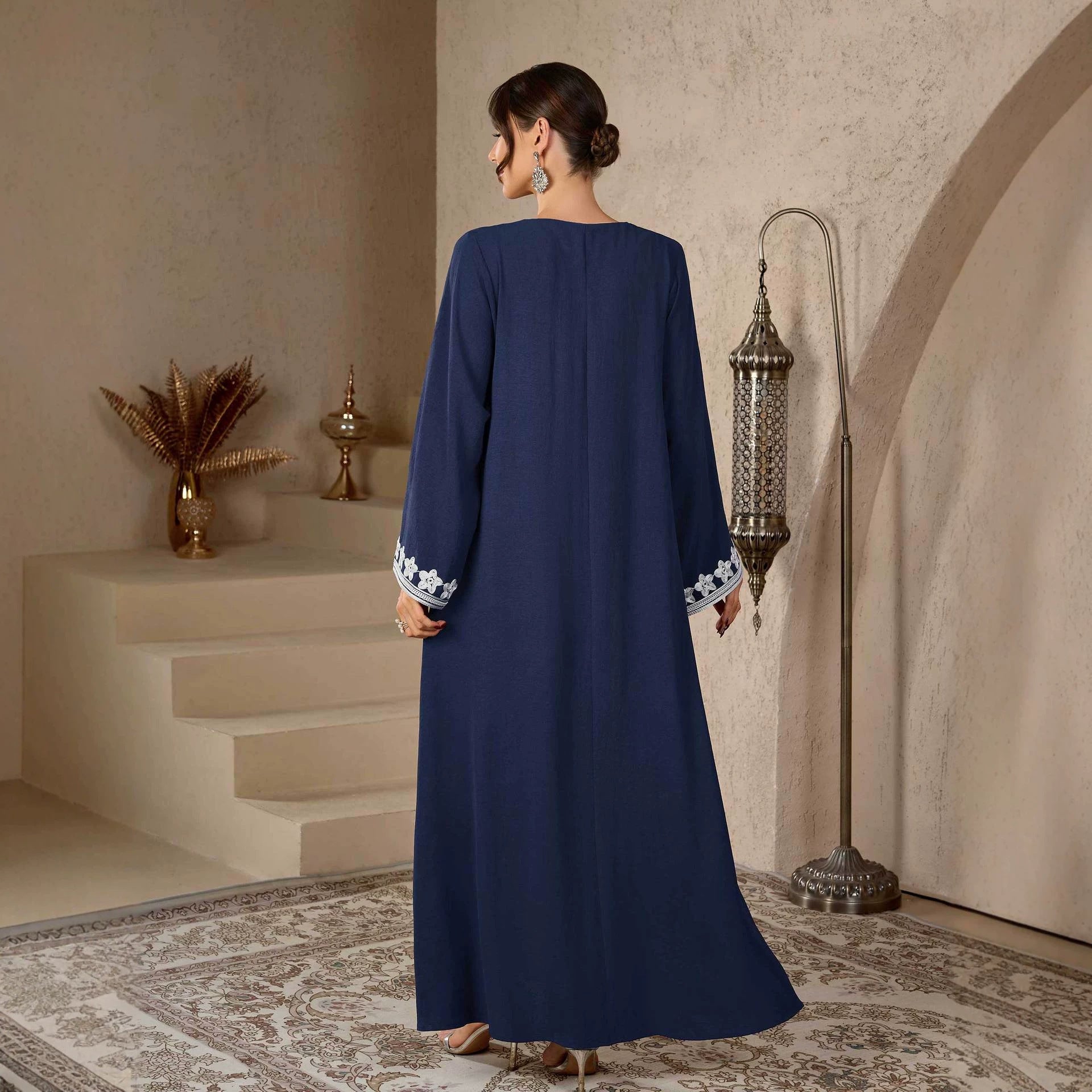 V-Neck Embroidered Kimono Abaya Maxi Dress Muslim Women Modest Long Jalabiya Kaftan Gown for Eid Ramadan Daily