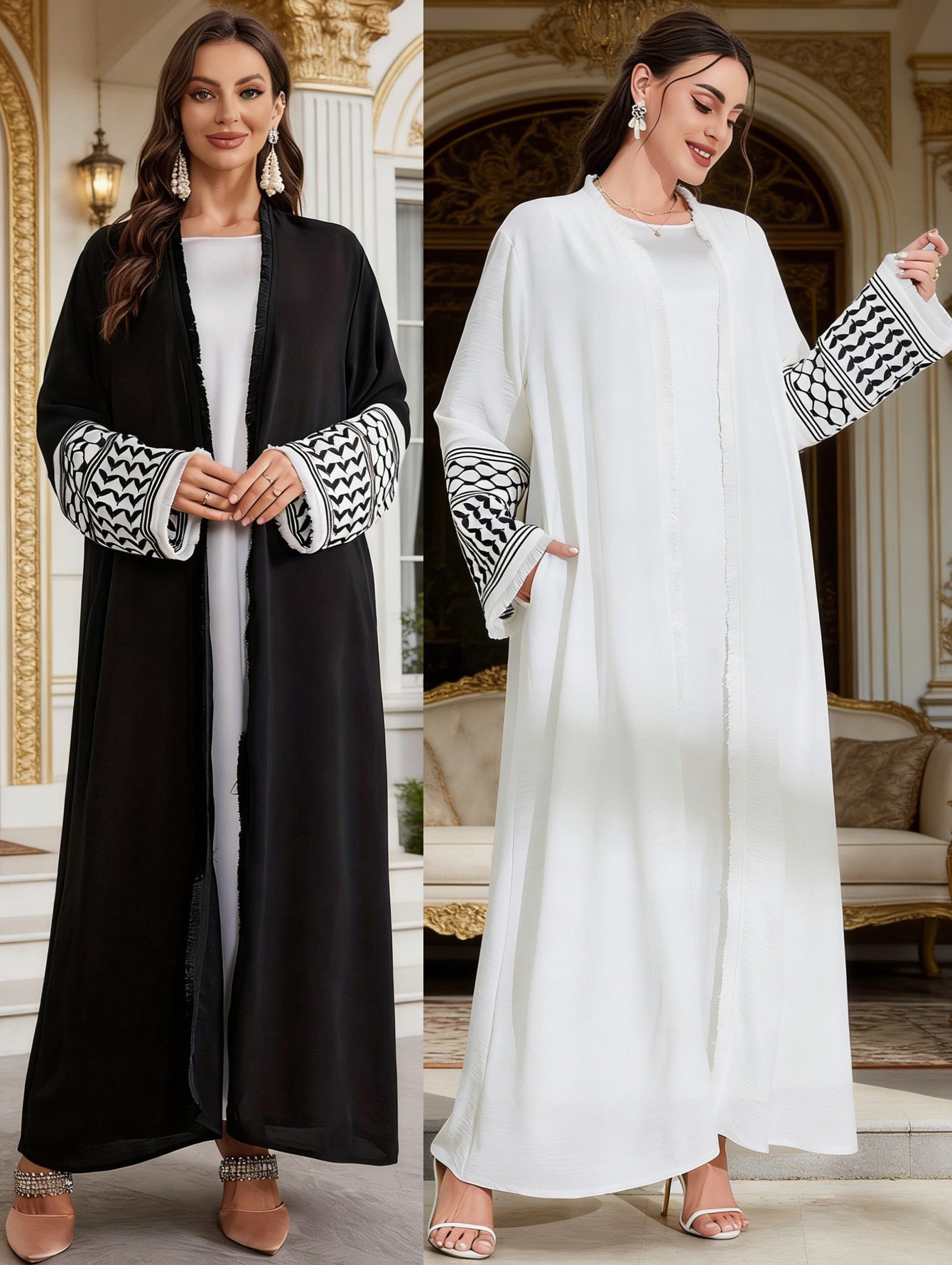 Elegant Embroidered Pocket Open-Front Cardigan Belted Abaya Maxi Dress Muslim Women Modest Long Jalabiya Kaftan for Eid