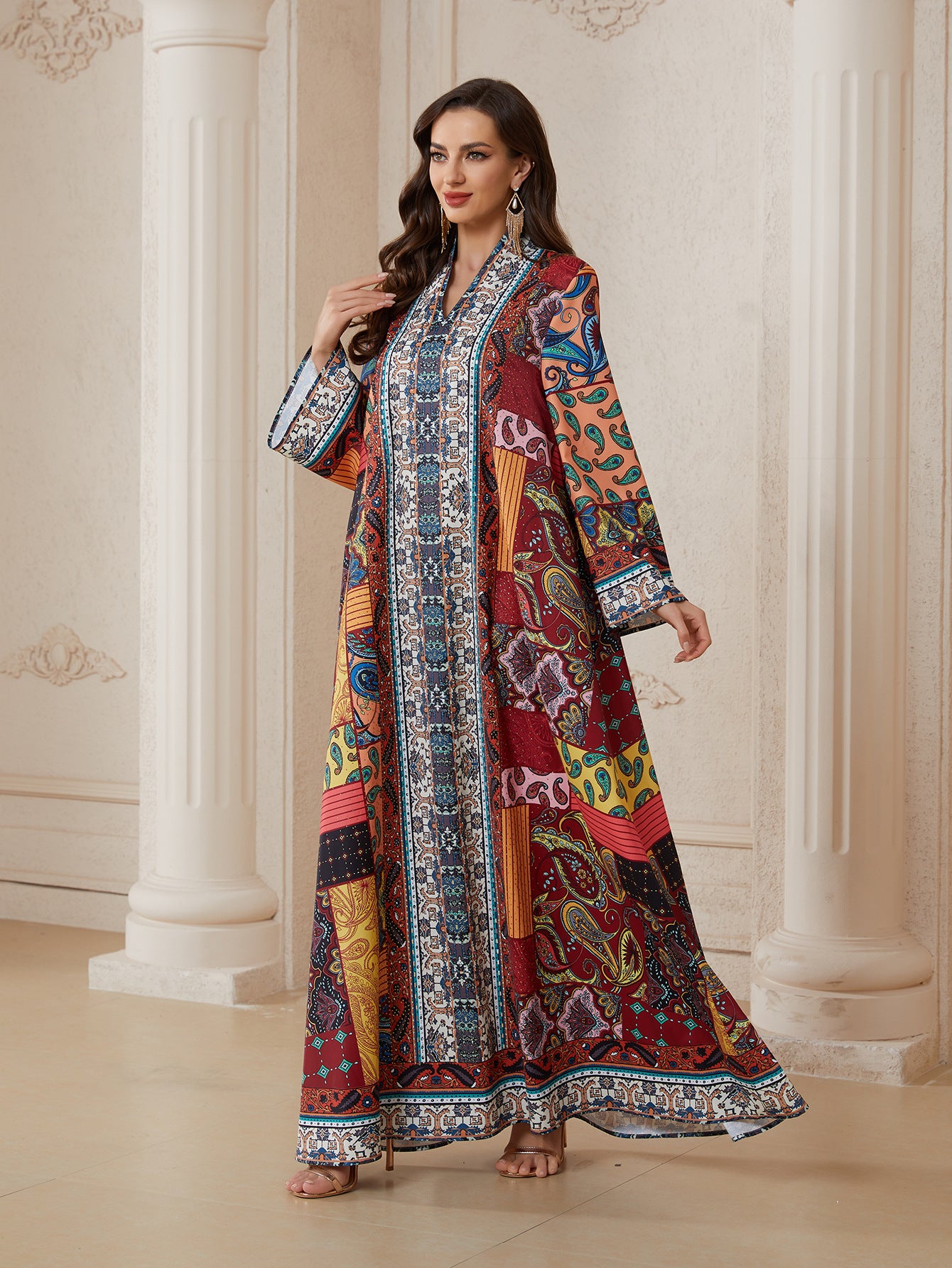 Floral Print Rhinestone Ethnic Abaya Robe - Modest Muslim Dress