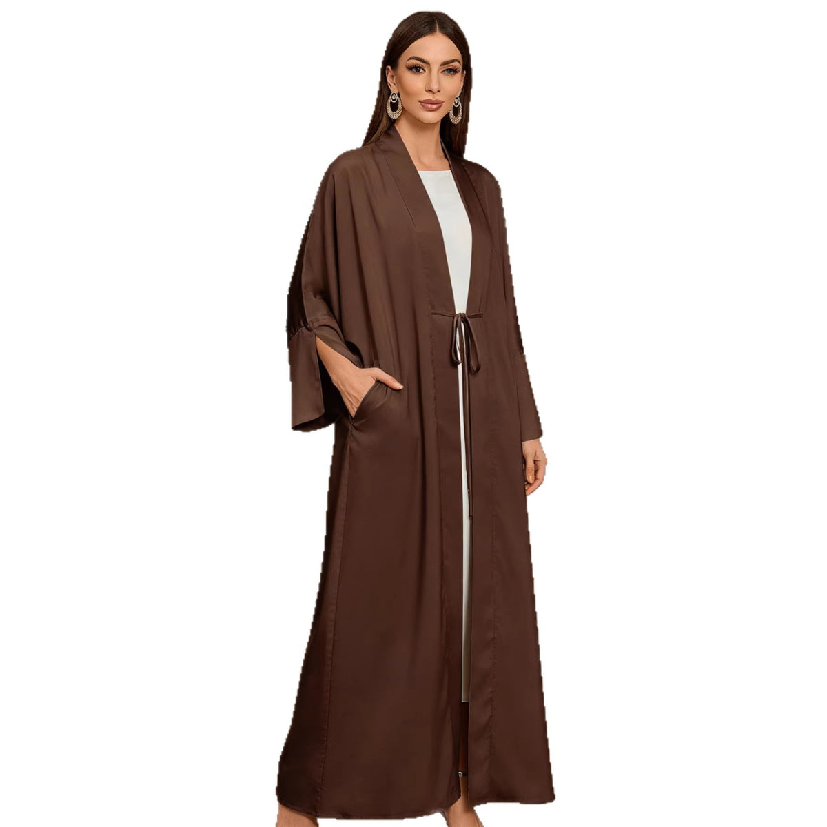 Chic Belted Open Front Slit Sleeve Cardigan Long Maxi Abaya Robe Modest Muslim Kaftan Dress for Women Eid Ramadan One Size