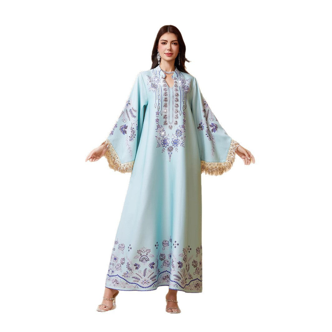 Serene Sky Blue Tassel Embroidered Maxi Abaya Modest Eid Ramadan
