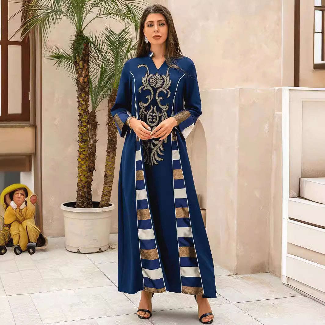 Dubai Islamic Modest Abaya Dark Blue V Neck Luxury Gold Embroidery White Gold Stripe Side Panel Oversized Kaftan Gown For Muslim Ladies Holiday Party