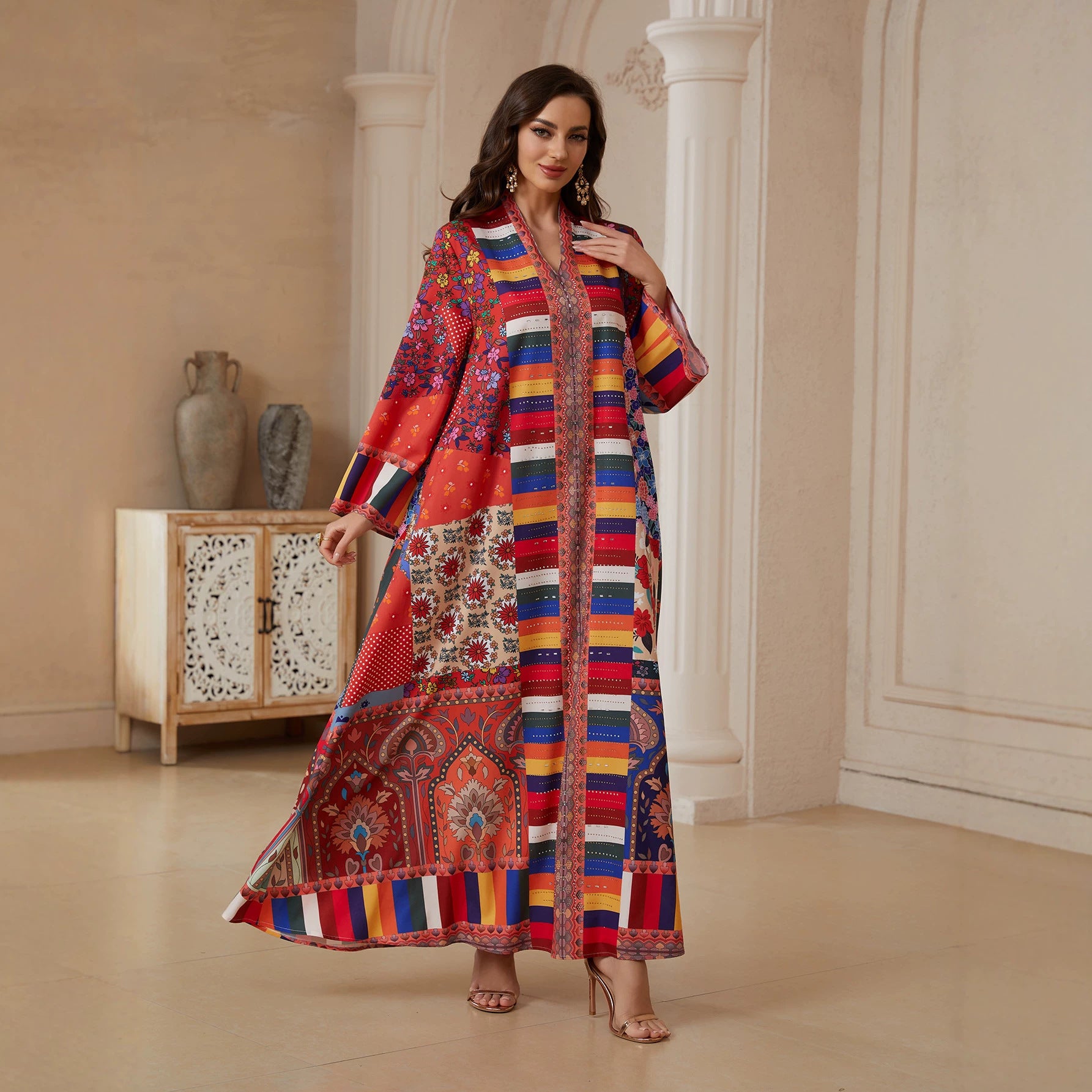 Red Printed Rhinestone Jalabiya - Ethnic Pullover Modest Dress