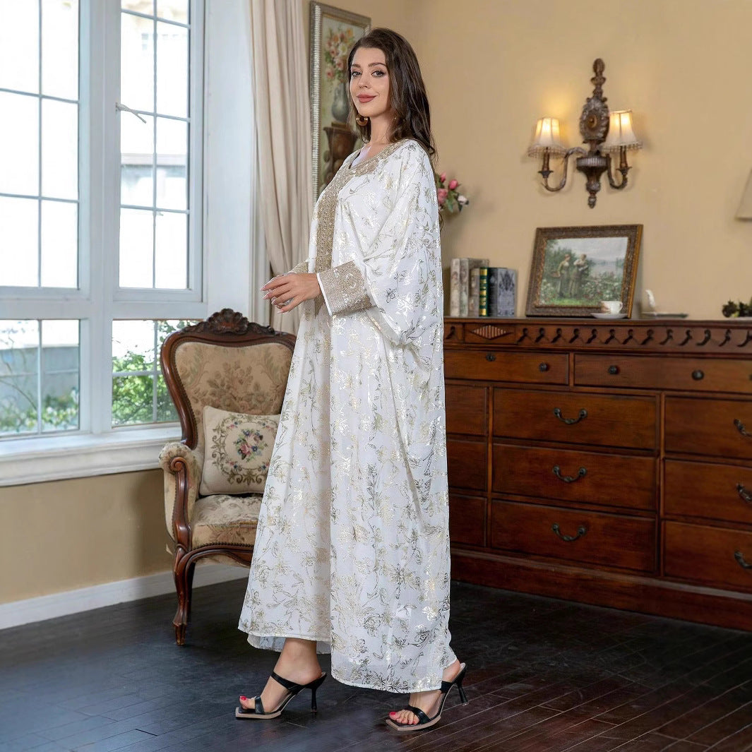 Gulf Ramadan Eid Modest Kaftan Dusty Lavender Sheer Fabric Gold Hot Stamp Floral Belted Long Abaya