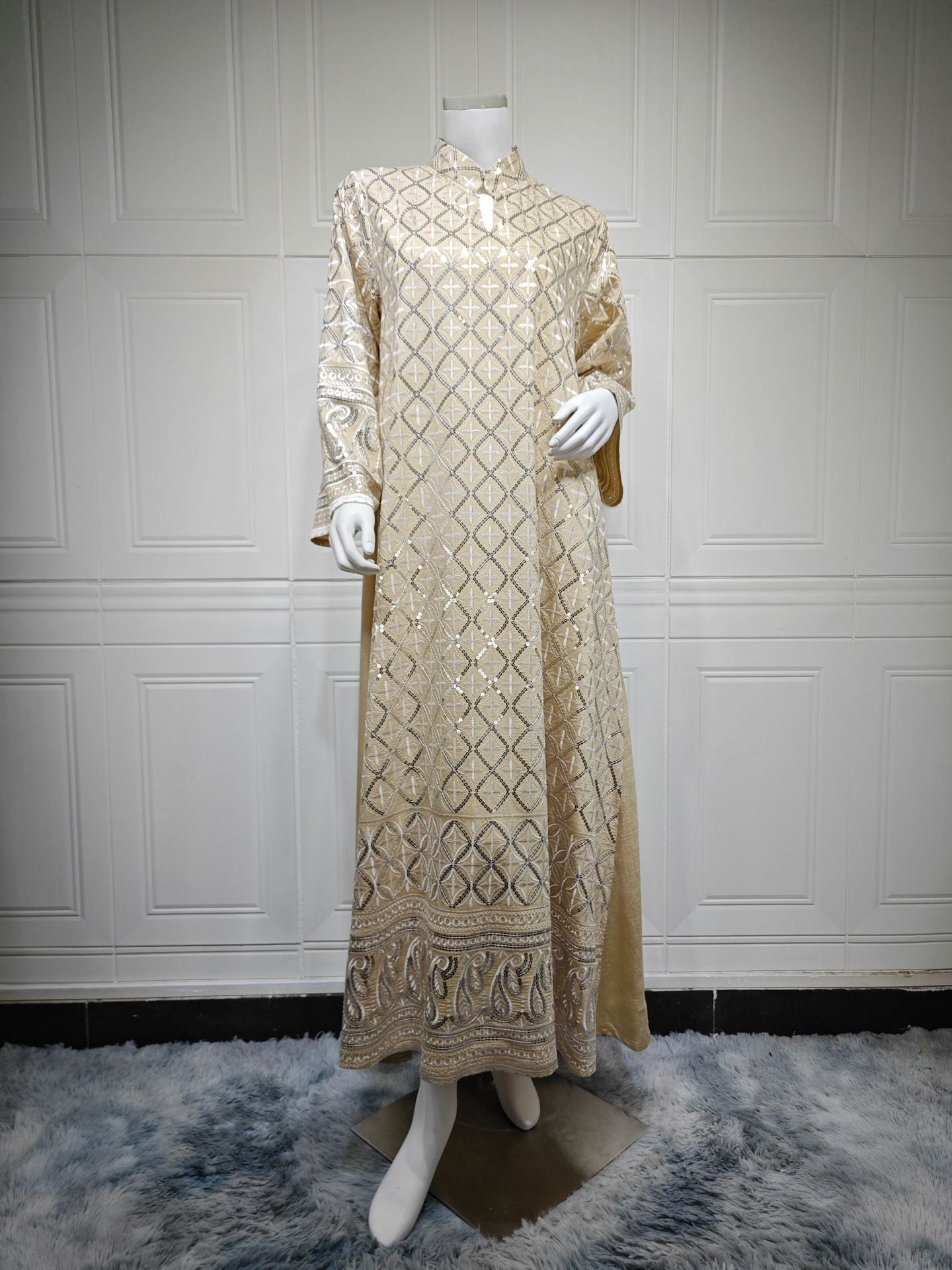 3 Colors Sequin Diamond Embroidery Abaya Women Stand Collar V Notch Flare Sleeve Maxi Kaftan Luxury Modest Long Dress For Eid Ramadan Wedding Party