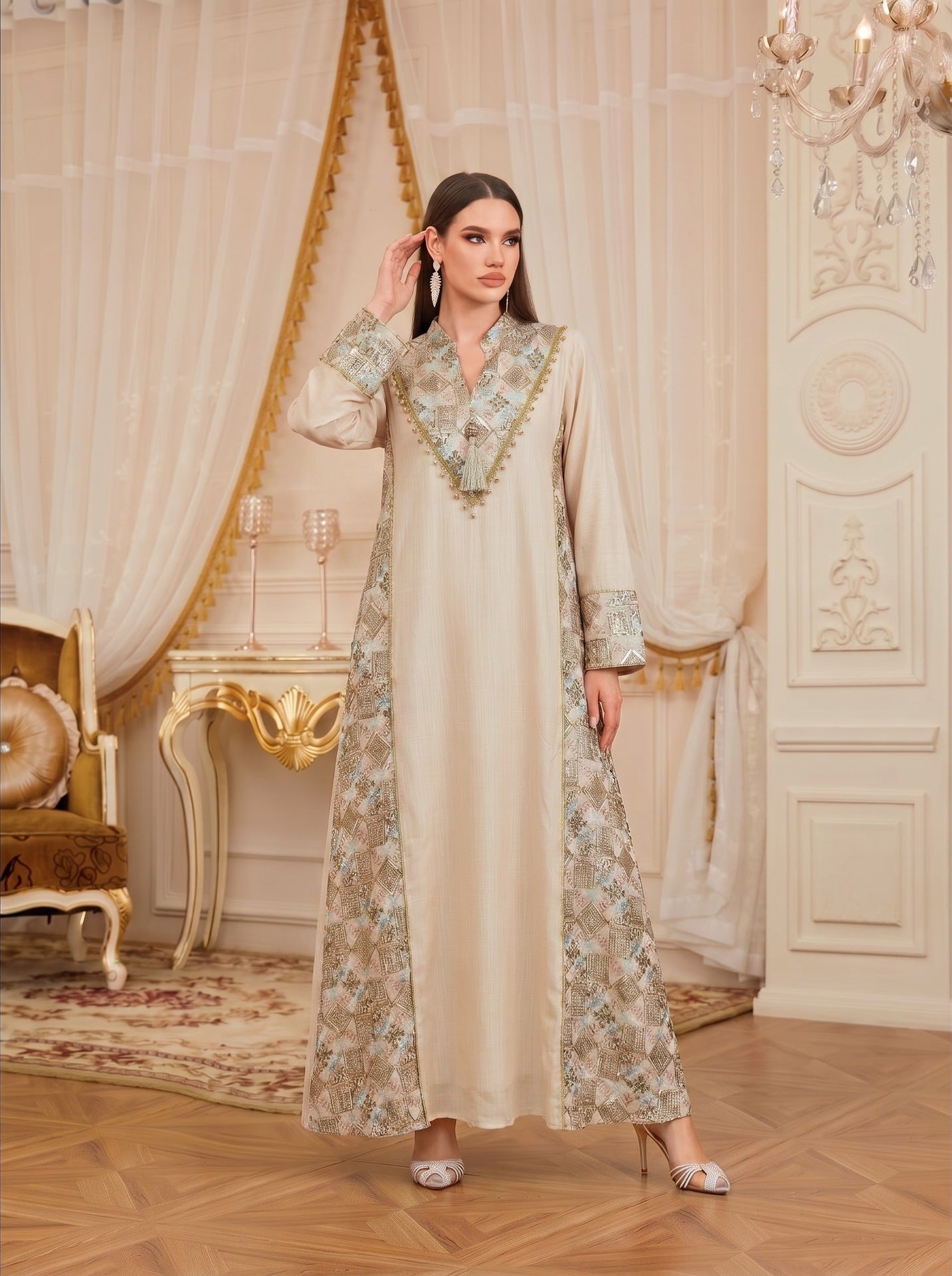 White Apricot Light Blue V-Neck Embroidered Pendant Evening Maxi Abaya
