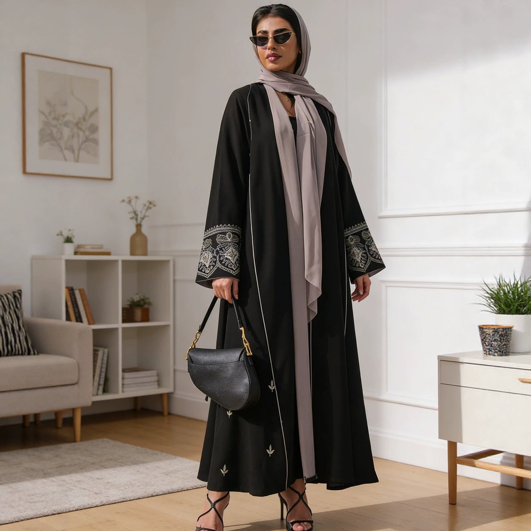 Embroidered Open Front Abaya Cardigan Modest Long Maxi Dress Jalabiya for Muslim Women Eid Ramadan Party Daily Wear One Size