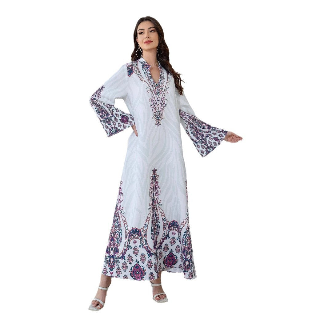 White Floral Print Mandarin Collar Rhinestone Plus Size Maxi Abaya